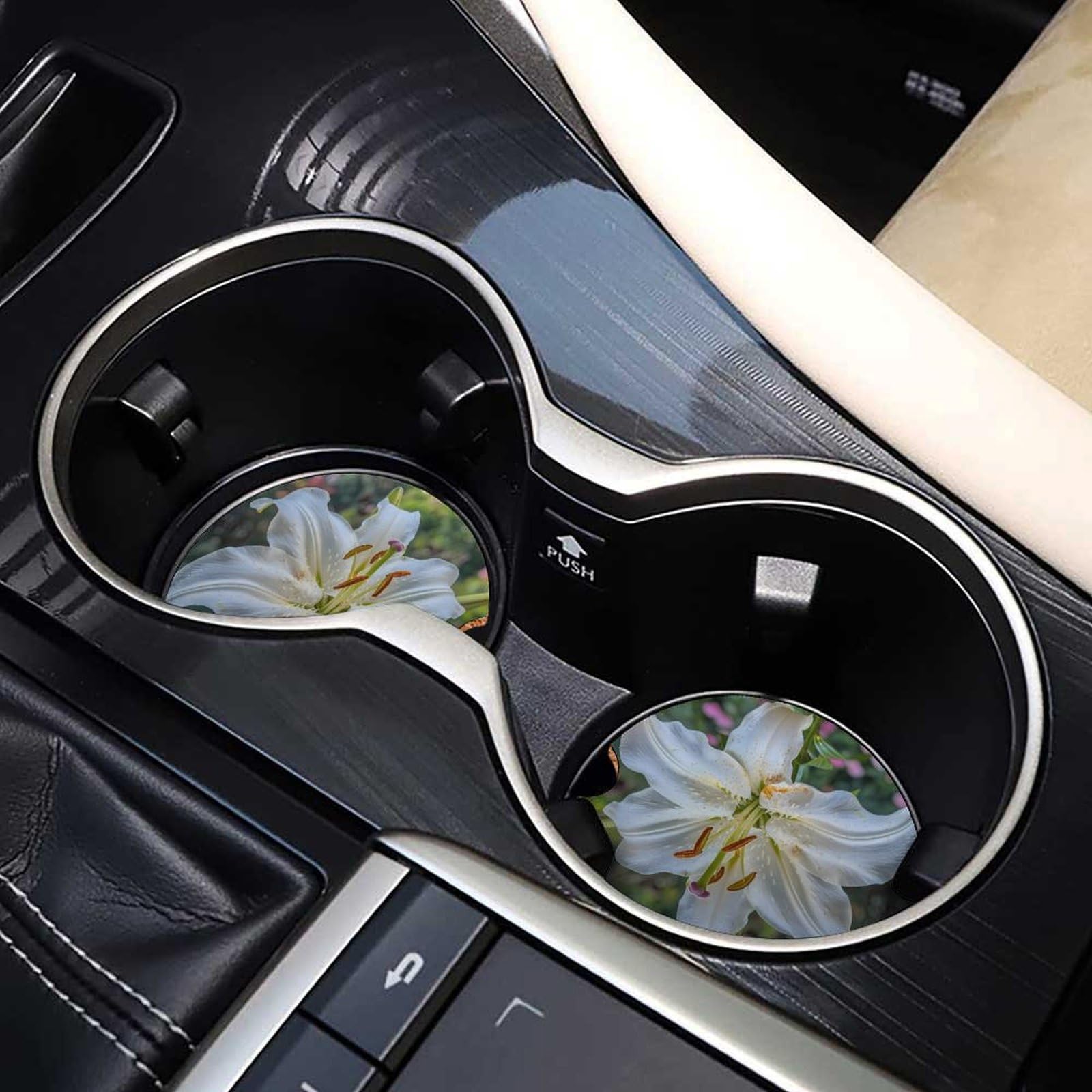 White Lily Flower Car Coasters for Cup Holders - 4 Pack Cork Drink Coasters with Non-Slip Base, Car Accessories for Coffee, Tea & Beverages - Perfect for Cars, Trucks & SUVs