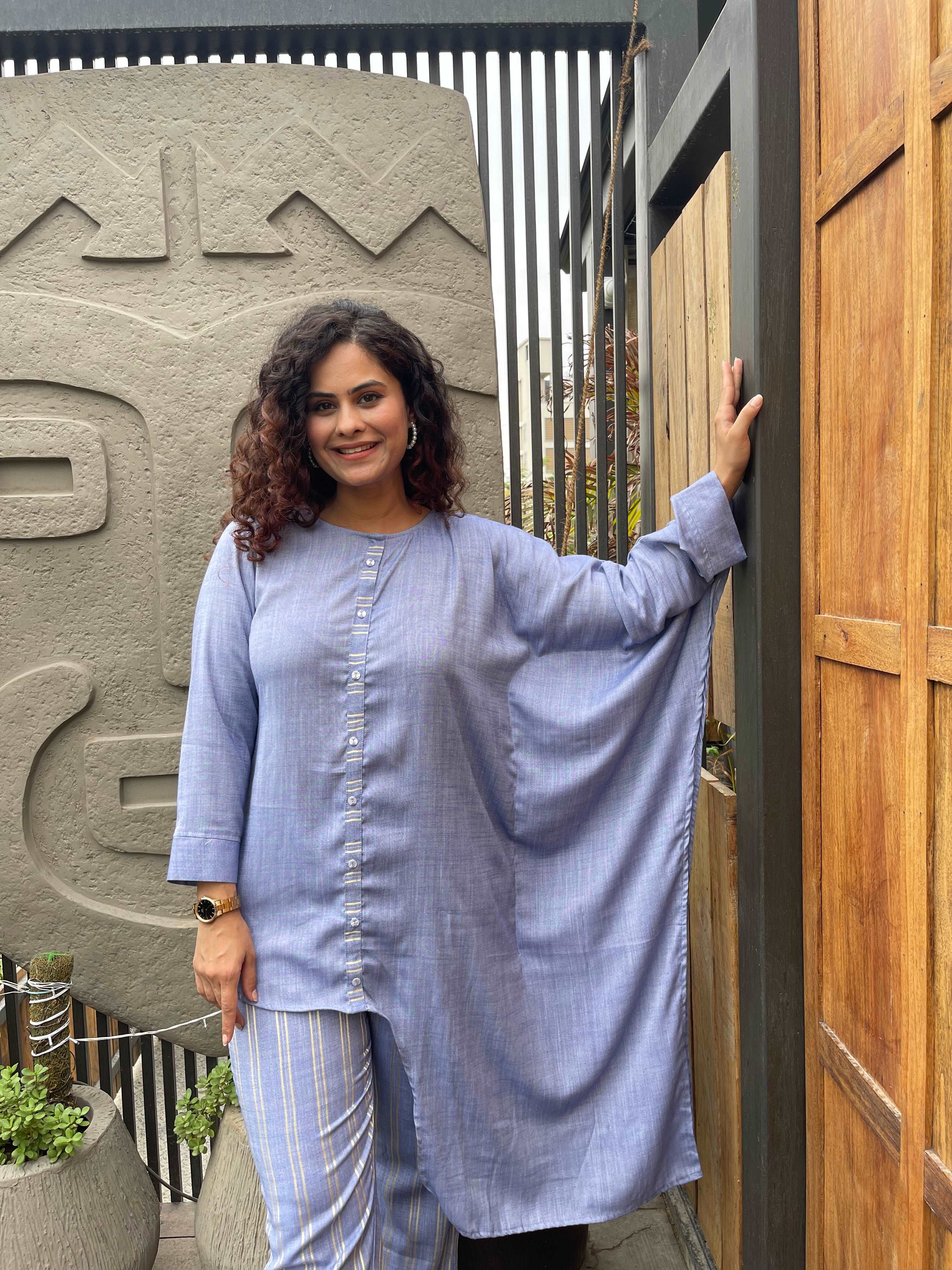 Stylish Blue Asymmetric Cotton Co Ord Set for Women | Trendy Matching Outfit for Casual Wear, Dates & Summer Outings
