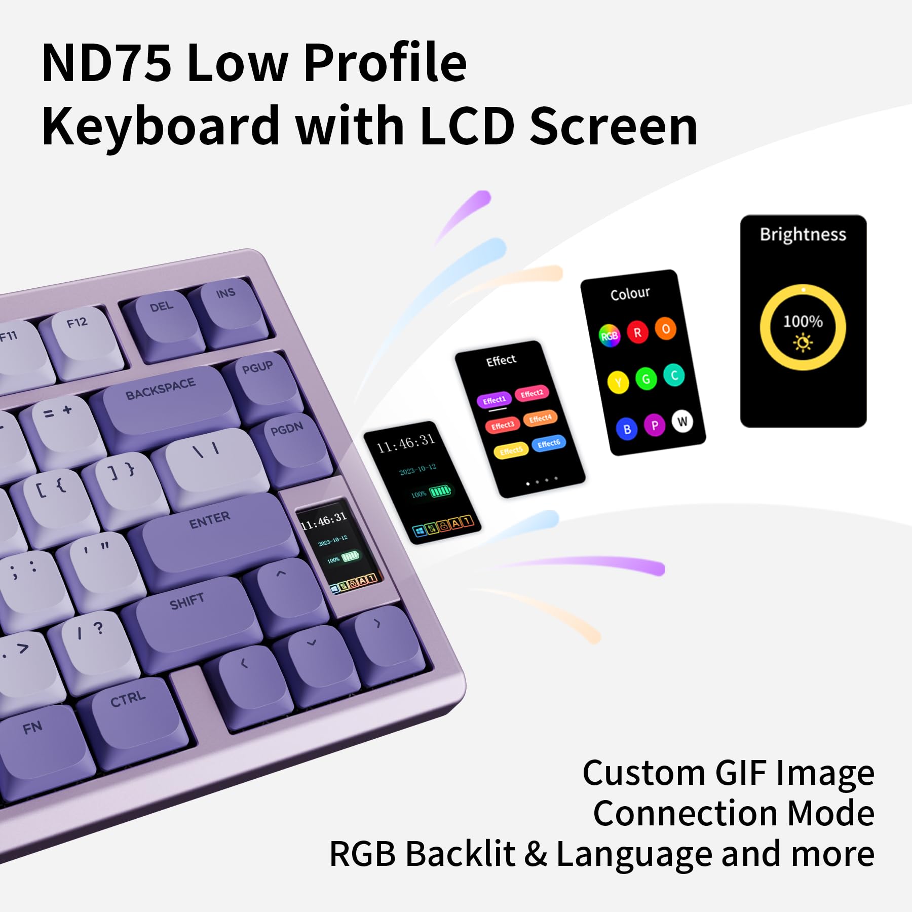 Chilkey ND75 LP Low Profile Aluminum Mechanical Keyboard - 75% Wireless Gaming Keyboard with Screen, Tri-Mode Connectivity, Quick Disassembly, RGB Backlit - for PC, Laptop, Office & Gaming (Purple) | Perfect for Esports, Typing & Professional Workstations