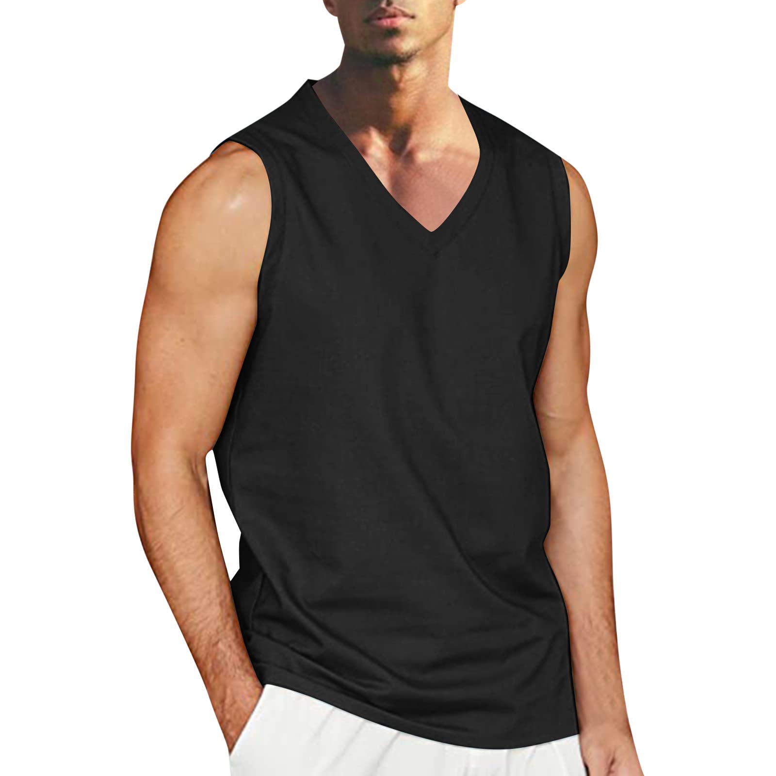DKinJom Men's Cotton Linen Vest - Breathable Sleeveless V-Neck Tank Top for Running, Workout & Yoga | Lightweight Summer Beachwear & Casual Wear