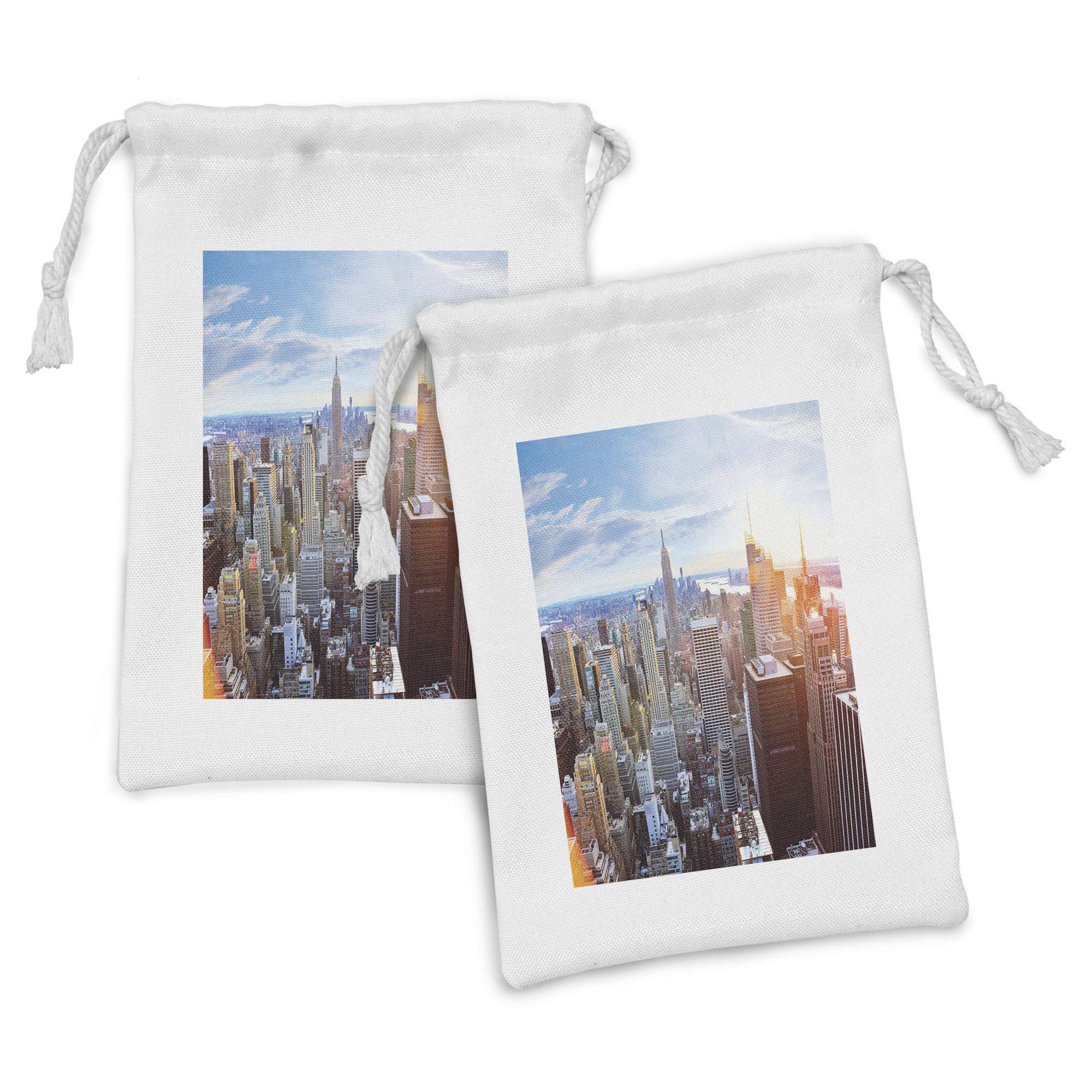 Ambesonne New York Fabric Pouch Set of 2 - Manhattan Sunset Skyline Drawstring Bags for Toiletries, Travel Accessories & Party Favors (9