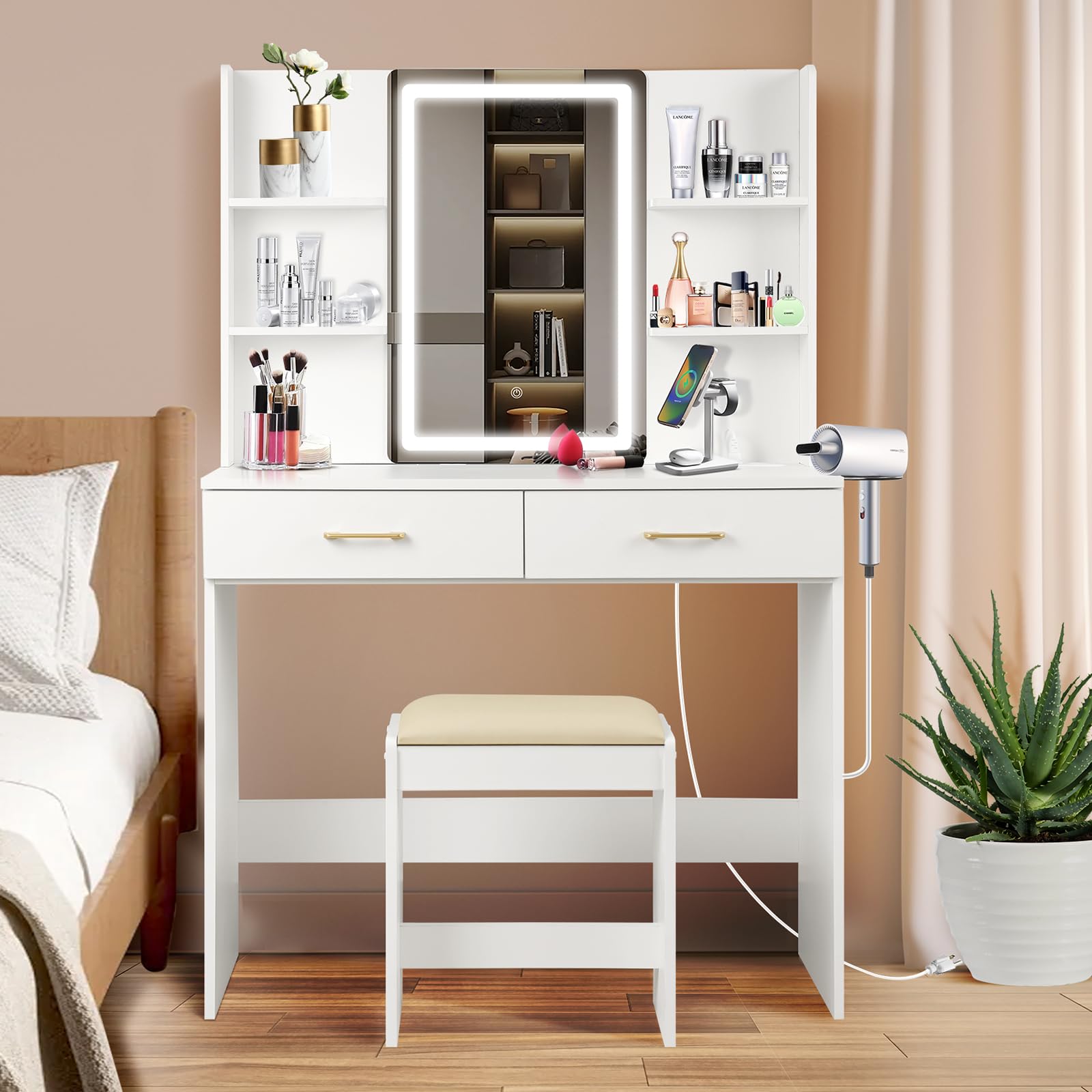 Vanity Set with LED Mirror, Stool & Power Outlet - White Dressing Table with 2 Large Drawers & Built-in Lights - Perfect for Makeup, Skincare & Hair Styling at Home