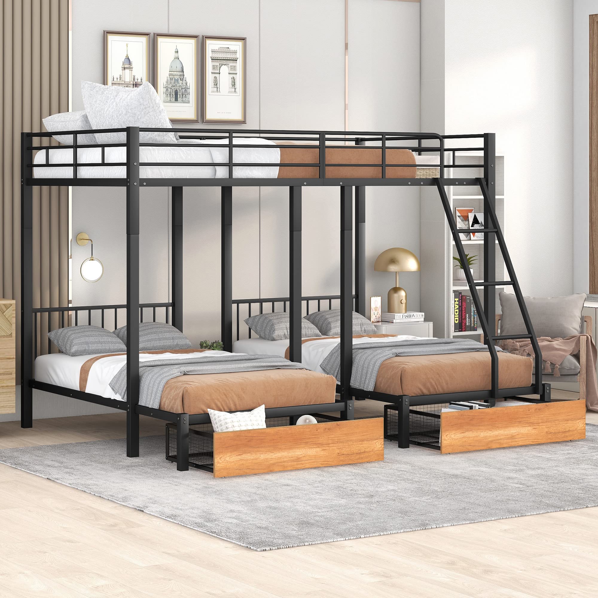 BOVZA Triple Bunk Bed with Storage - Full/Twin Metal Bunk for Kids & Adults - Convertible to 3 Beds - Perfect for Small Spaces & Dorms
