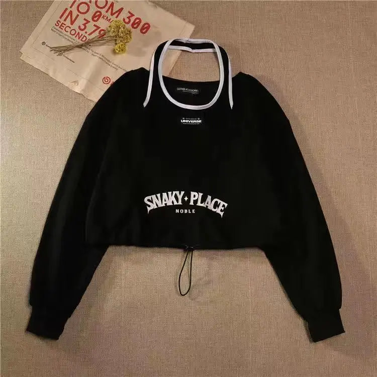 Vintage American Retro School Halter Crop Top for Women - Sexy Off Shoulder Long Sleeve Casual Tee | Perfect for Date Night, Music Festivals & Streetwear Fashion