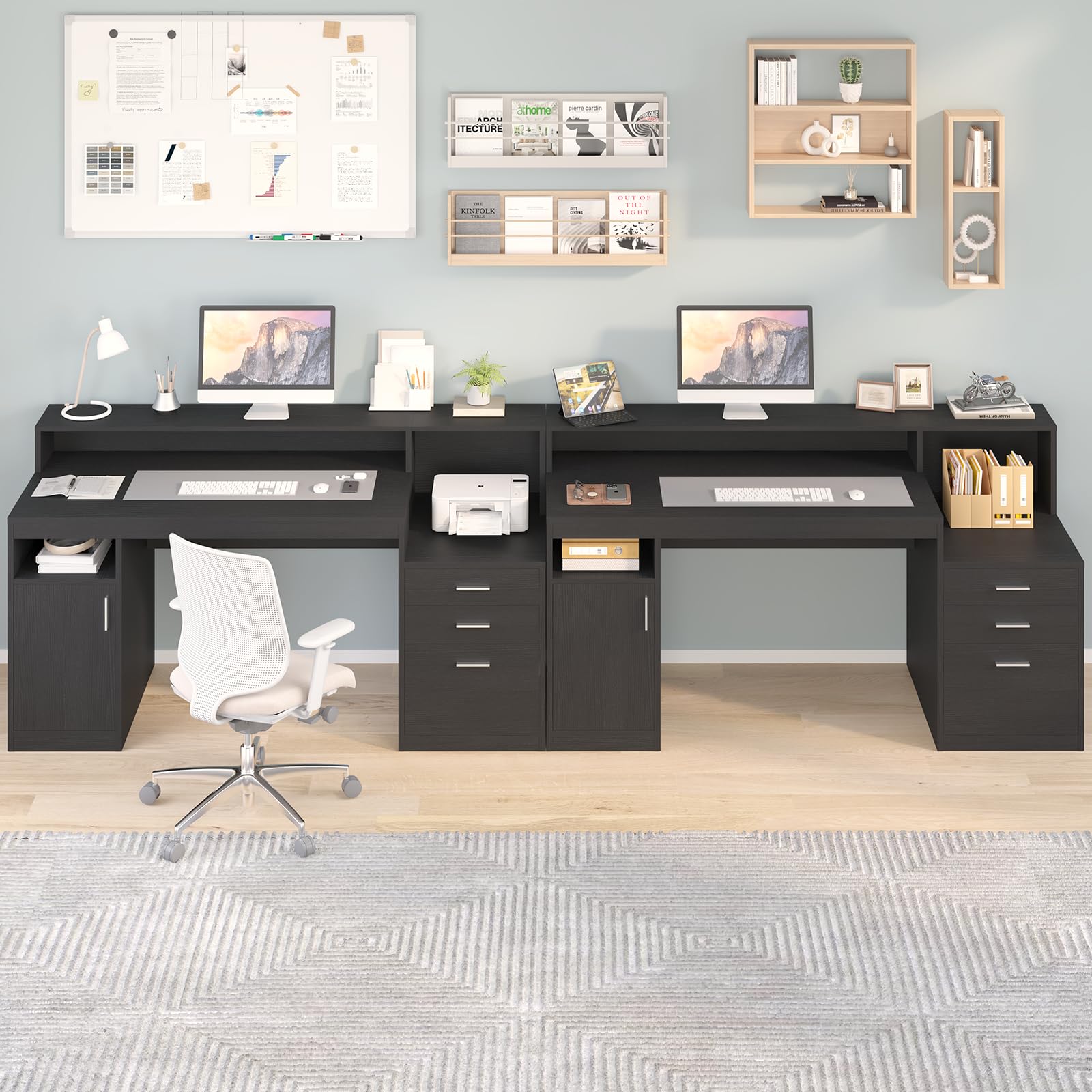 Black Computer Desk with 3 Drawers, Storage Shelves & File Cabinet - Home Office Desk with Monitor Stand & Printer Shelf - Executive Writing Study Table for Small Spaces, Gaming & Remote Work