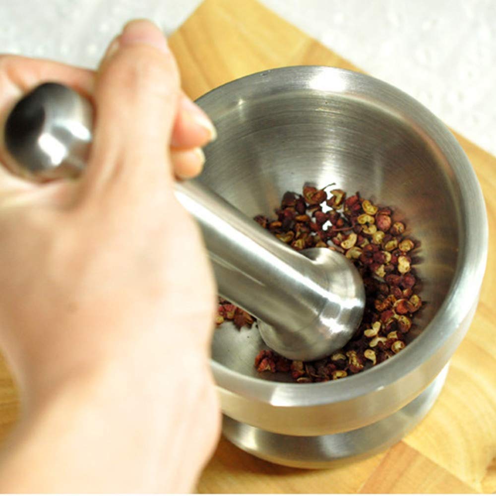 Stainless Steel Mortar and Pestle Set - Garlic Spice Grinder, Herb Crusher & Seasoning Mill for Kitchen, Pharmacy - Solid Silver Bowl for Grinding Herbs, Spices, Pills - Perfect for Cooking, Baking, and Herbal Medicine Preparation