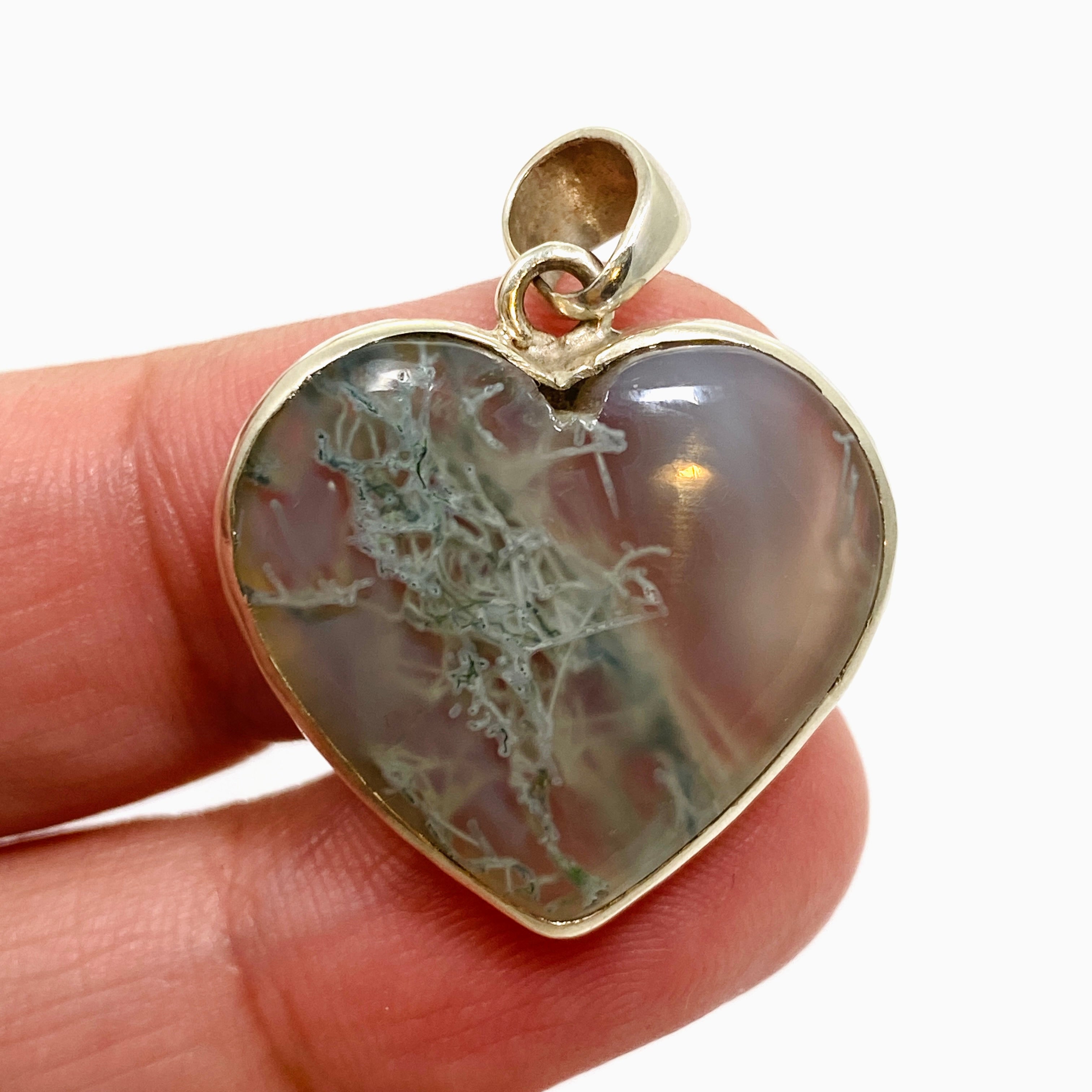 Natural Moss Agate Heart Cabochon Pendant in Hammered Sterling Silver Setting KPGJ4703 - Perfect for Jewelry Making, Gifts & Spiritual Healing