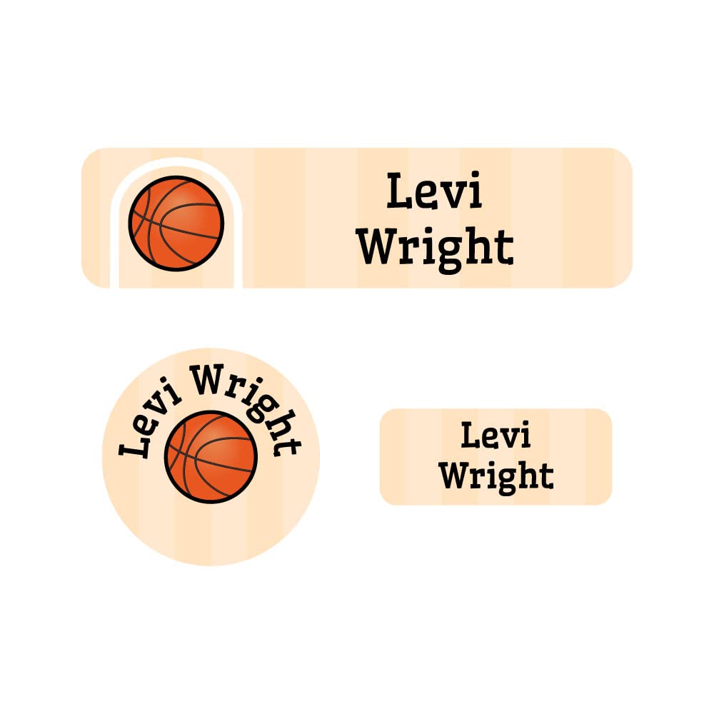 Custom Name Labels for Kids - Waterproof Personalized Name Stickers (102 Labels, 3 Sizes) for Daycare, School & Camp - Perfect for Clothes, Lunch Boxes, Water Bottles & School Supplies - Basketball Design - Great for Organizing & Preventing Lost Items