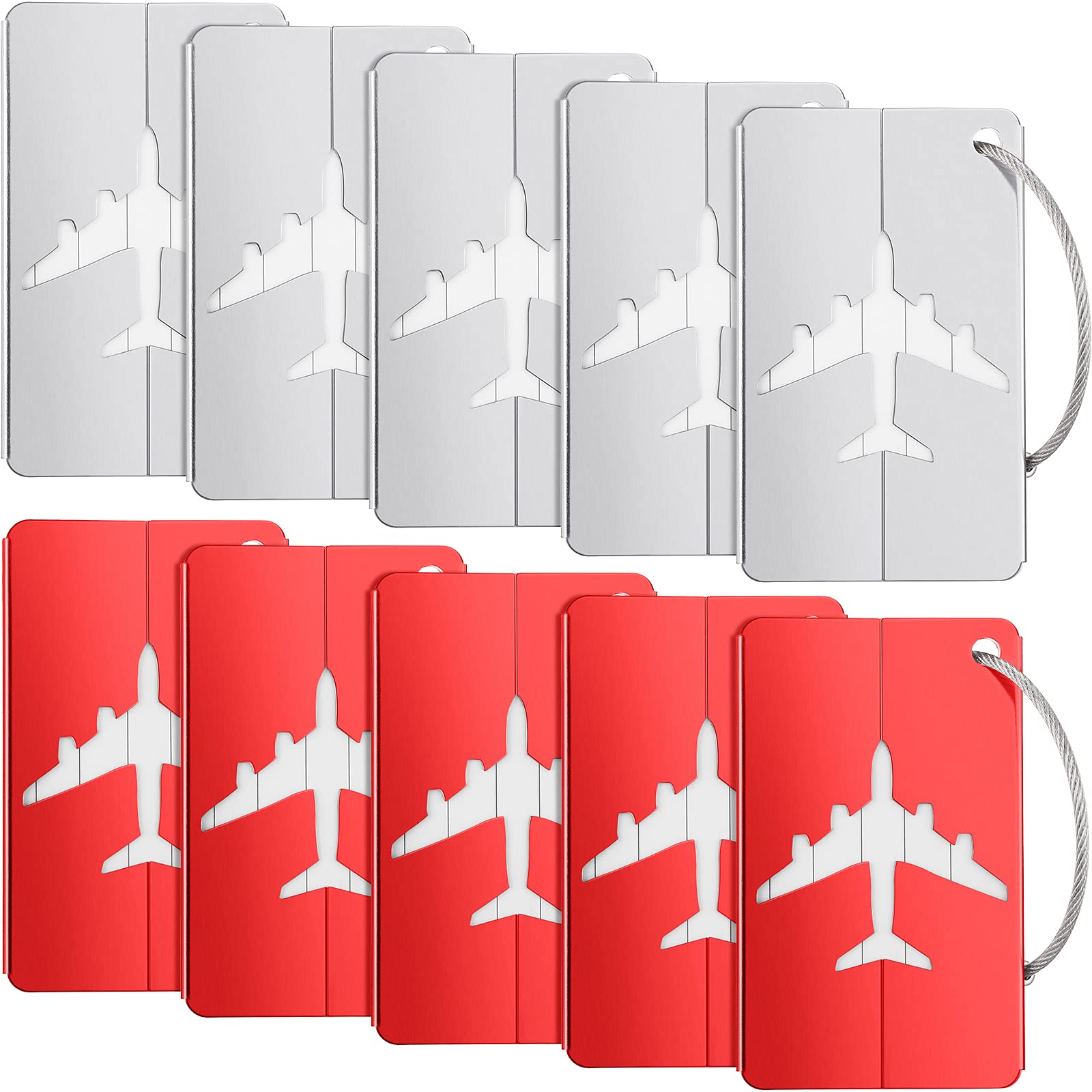 WeeWooday 10-Pack Durable Metal Luggage Tags with Business Card Holder - Aluminum ID Tags for Suitcases, Bags & Travel Accessories (Silver & Red) - Perfect for Airports, Business Trips & Vacation Organization