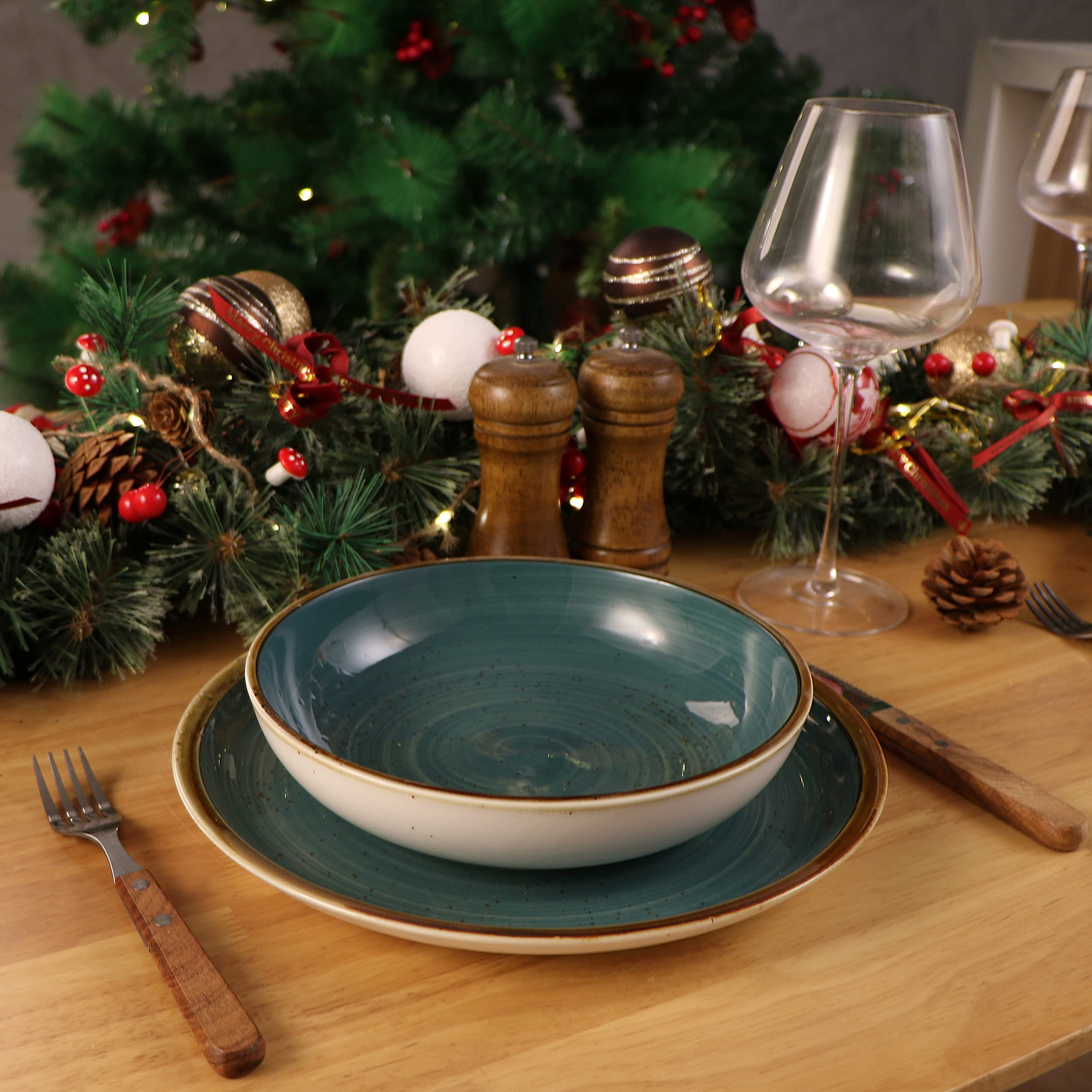 ONEMORE 10.5 Inch Ceramic Dinner Plates Set with 30oz Salad Bowls - Microwave, Oven & Dishwasher Safe - Durable Teal Blue Tableware for Everyday Dining, Parties & Restaurant Use