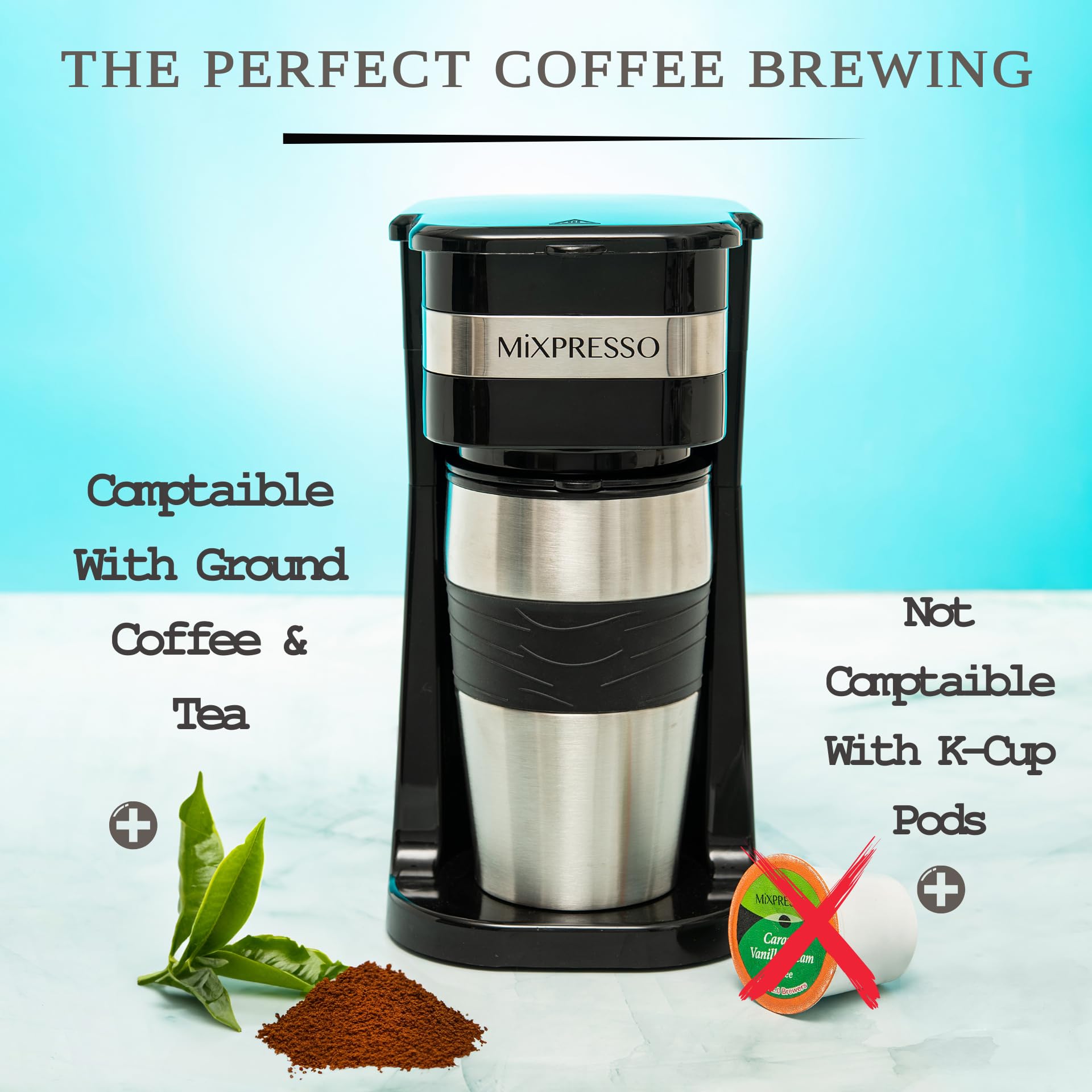 Mixpresso Personal Single Serve Coffee Maker with 14oz Travel Mug - Compact Drip Coffee Machine & Insulated Tumbler - Auto Shut Off & Reusable Filter - Works with Coffee Grounds - Perfect for Home, Office & Travel Use