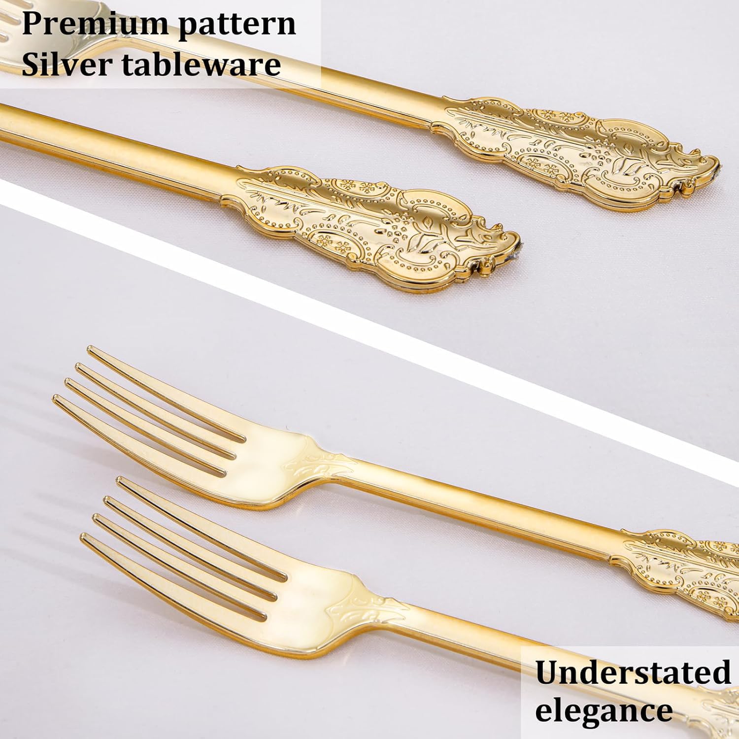 100-Piece Gold Plastic Forks Disposable - 7.48 Inch Elegant Baroque Silverware for Dessert, Cake, Party & Wedding - Heavy Duty Disposable Cutlery for Catering, Picnics & Daily Use
