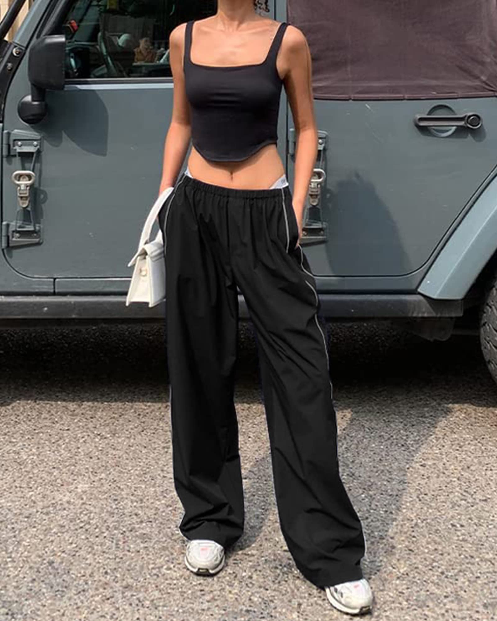 Women's Y2K Baggy Track Pants - Elastic Waist Wide Leg Parachute Jogger Sweatpants for Casual Wear, Street Style & Lounge Outfits