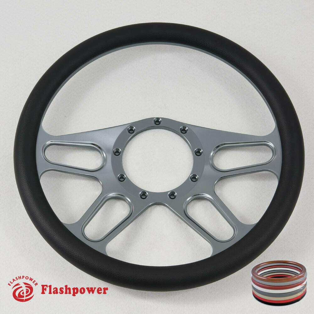 14 Inch Gun Metal Billet Aluminum 9-Hole Steering Wheel Kit with Horn Button & Adapter for 1969-1994 Classic Cars – Perfect for Hot Rods, Muscle Cars & Custom Builds