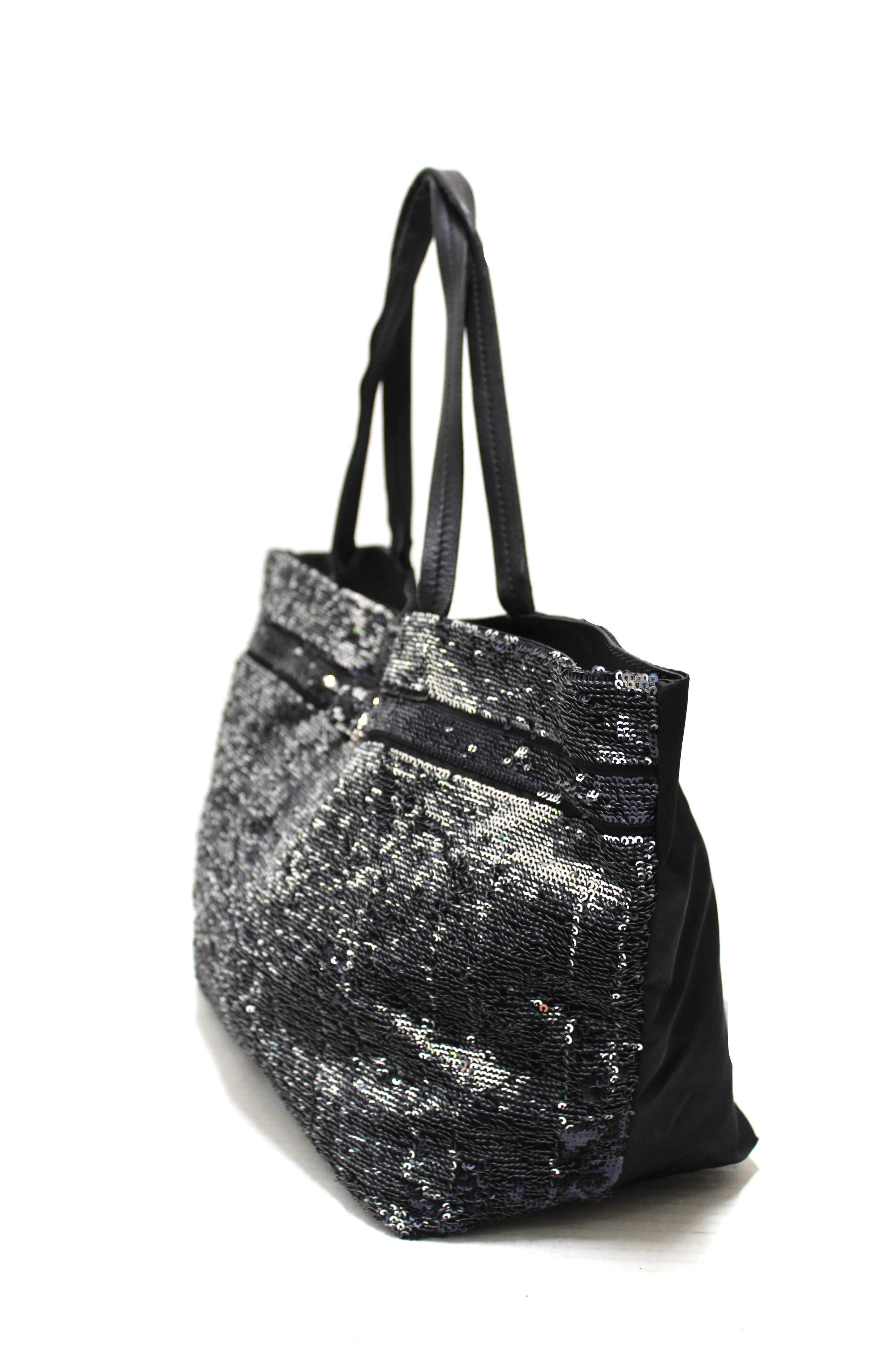 Authentic Salvatore Ferragamo Black Sequins & Nylon Vara Bow Tote Bag - Luxury Designer Handbag for Women, Perfect for Work, Evening Events & Travel Accessories