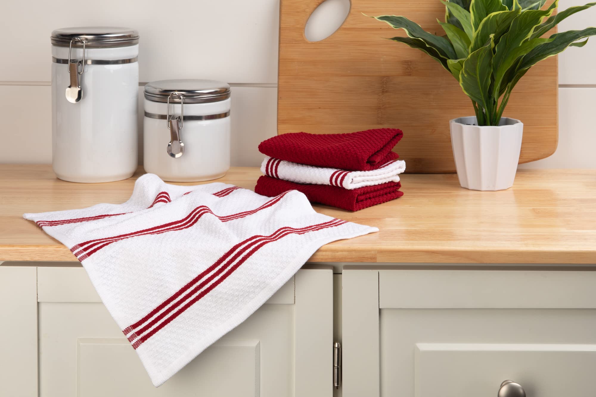 Premium 100% Cotton Kitchen Towels Set of 8 - Absorbent Dish Cloths & Tea Towels (12x12 Inch) | OEKO-TEX Certified, Reusable Cleaning Cloths in Red & White | Perfect for Dish Drying, Counter Cleaning & Kitchen Decor