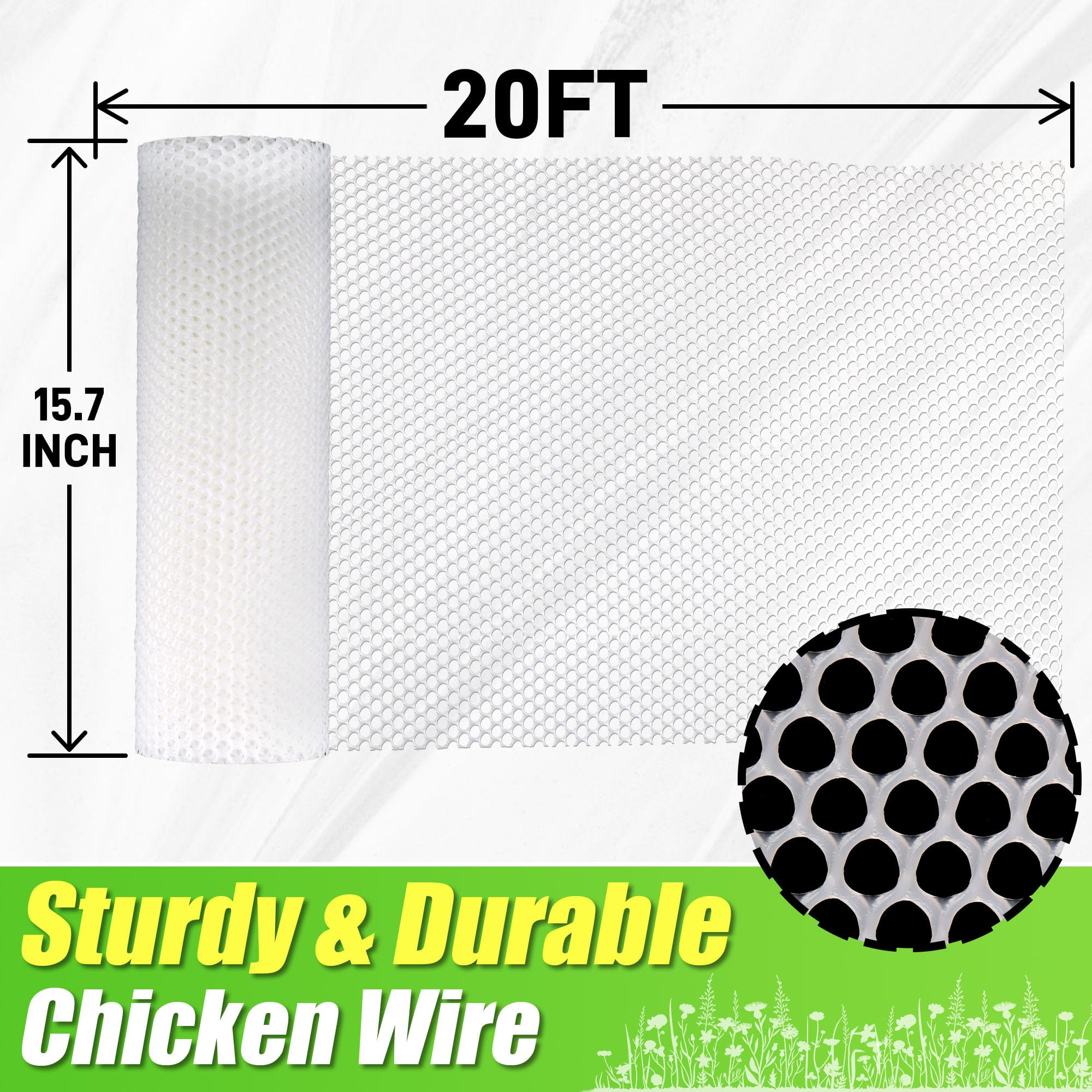 White Plastic Wire Mesh Fence Roll - 15.7IN x 20FT Durable Plastic Chicken Wire for Poultry, Rabbit, Puppy & Garden Protection | Ideal for DIY Fencing, Floral Arrangements & Pet Enclosures