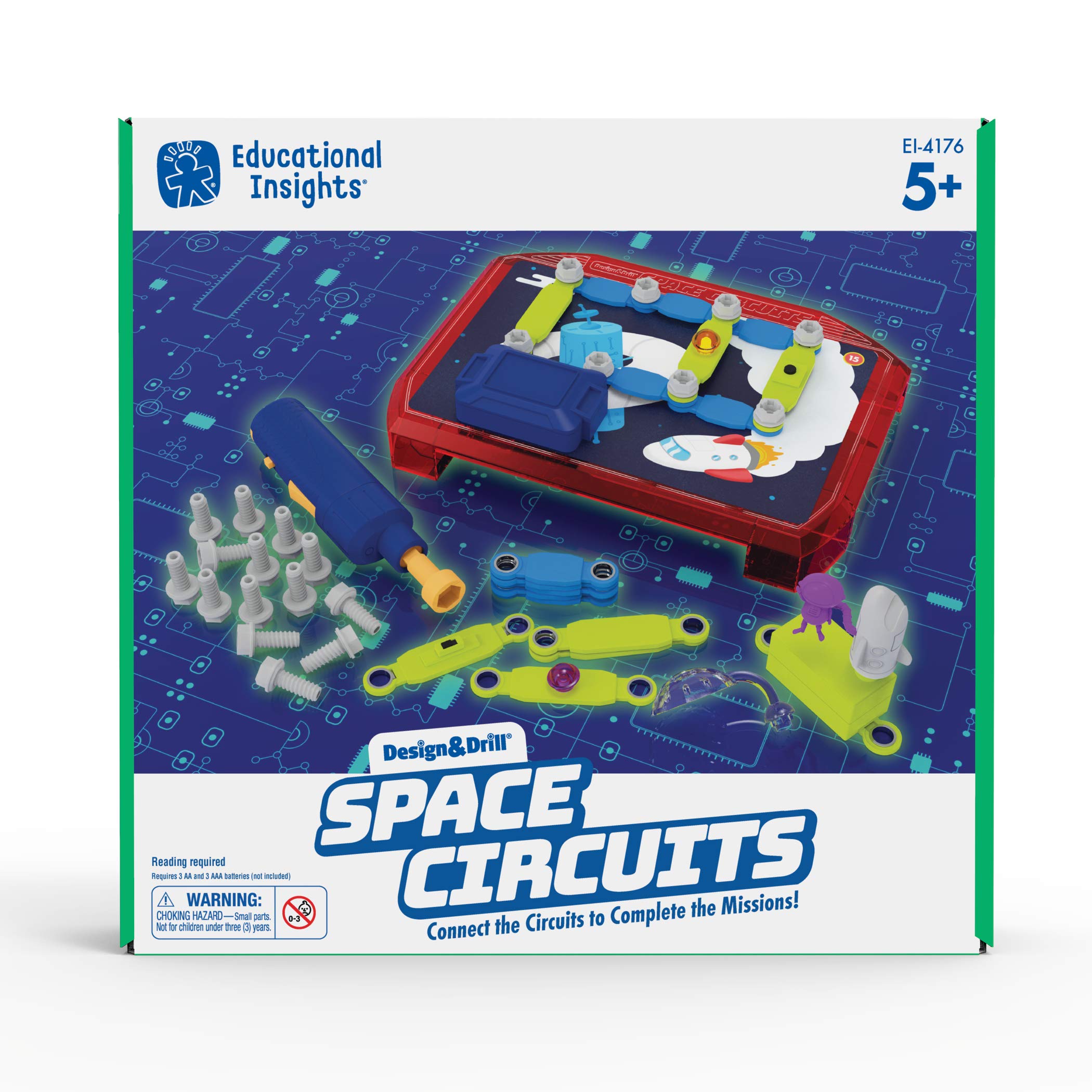Educational Insights Design & Drill Space Circuits STEM Toy – Beginner Circuit Building Science Kit with 52 Pieces, Kid-Friendly Power Drill & 20 Challenges – Perfect for Boys & Girls Ages 5+ | Fun Learning Activity for Home, Classroom & STEM Education