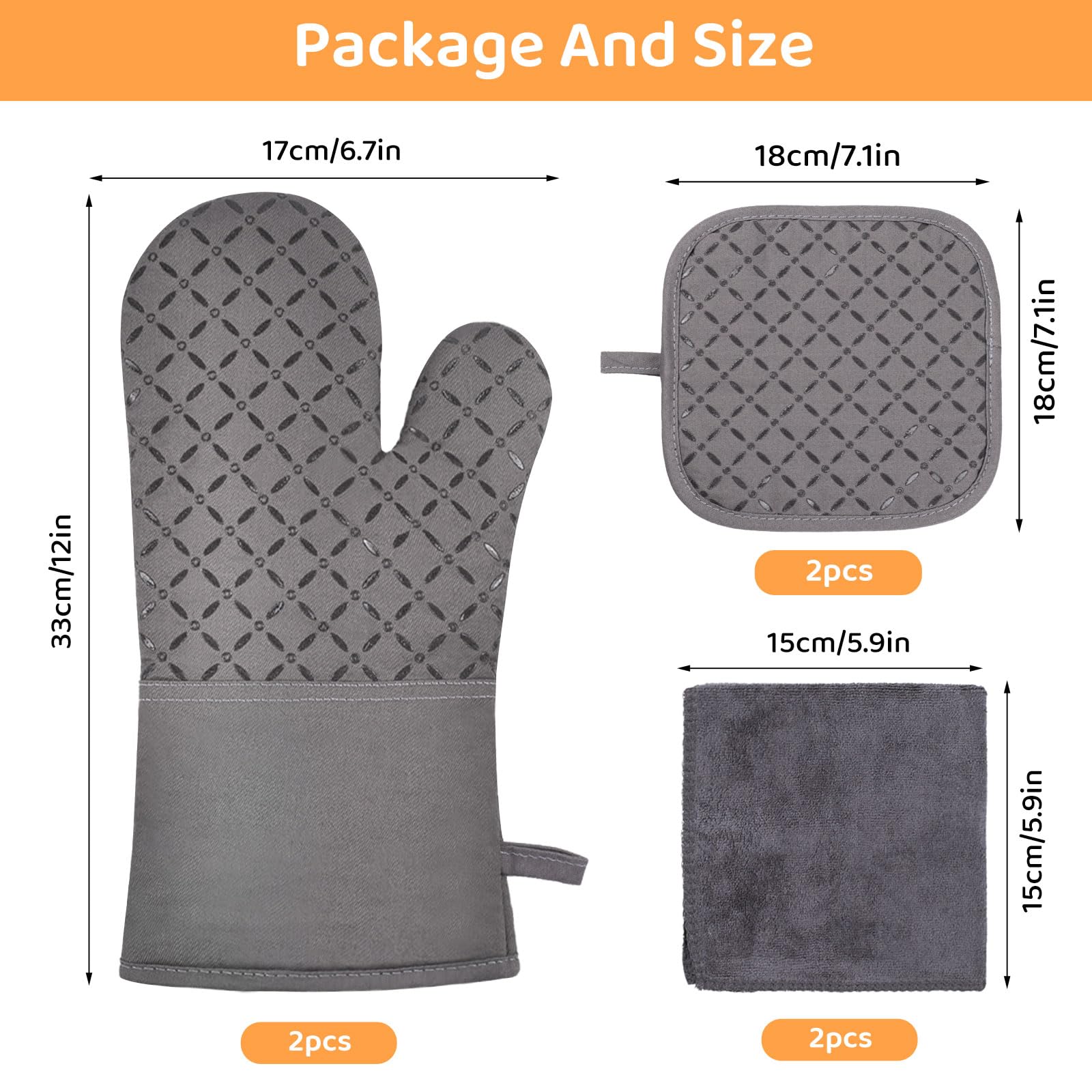 6Pcs Heat Resistant Oven Mitts and Pot Holders Set - 500°F Safe Baking Gloves with Soft Cotton Lining & Non-Slip Silicone Surface - Perfect for Cooking, Baking, BBQ and Kitchen Safety