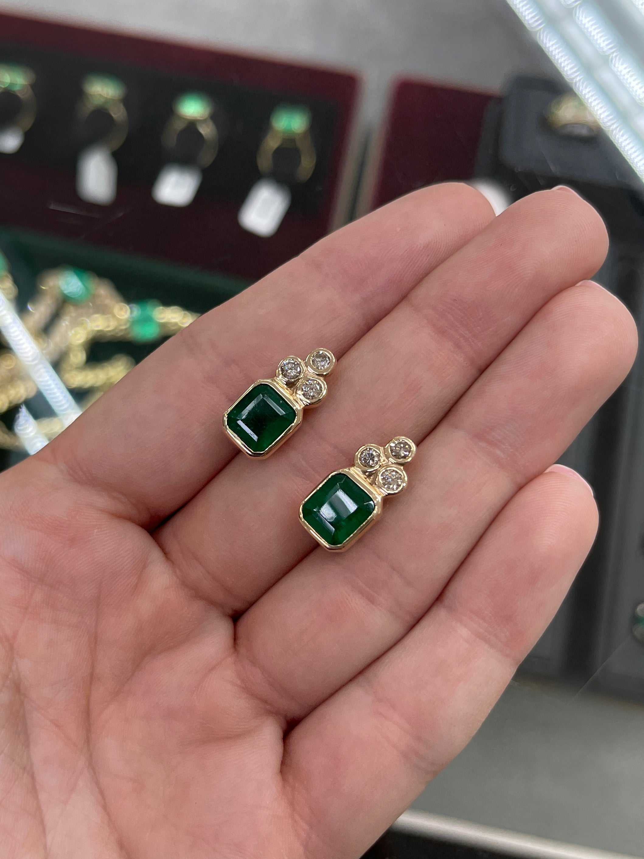 7.01tcw Natural Dark Forest Green Emerald Cut Emerald & Diamond Accent Bezel Earrings in 14K Gold - Elegant Jewelry for Weddings, Parties & Special Occasions
