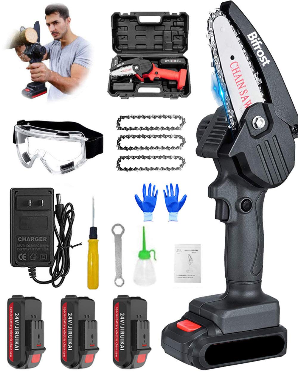4-Inch Mini Chainsaw Cordless Electric - Lightweight 0.7kg Handheld Chainsaw with Safety Splash Guard & 3 Chains - Perfect for Tree Trimming, Wood Cutting, Yard Maintenance & DIY Projects (Black)