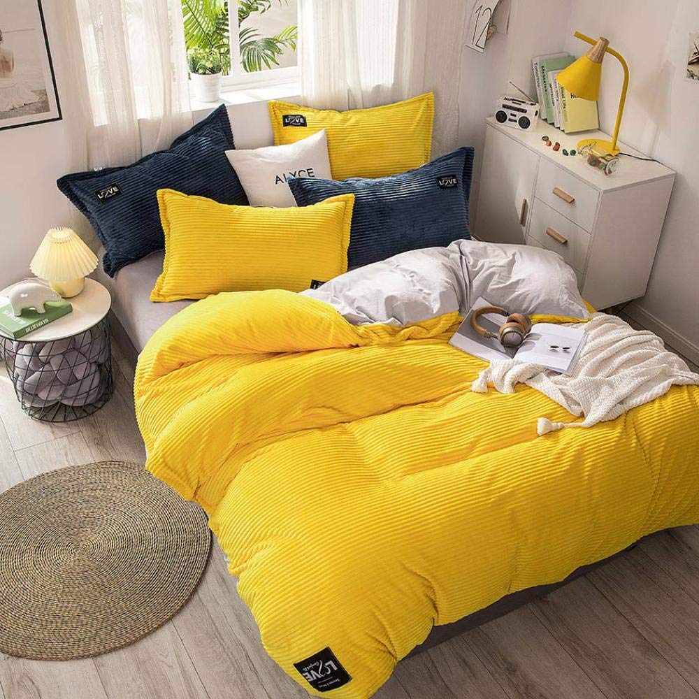Geekcook King Size Corduroy Bedding Set - Solid Color Coral Velvet Duvet Cover with Pillowcases (250x220cm) | Soft Luxury Bed Sheets for Master Bedroom & Guest Room | Yellow & Multicolor Options