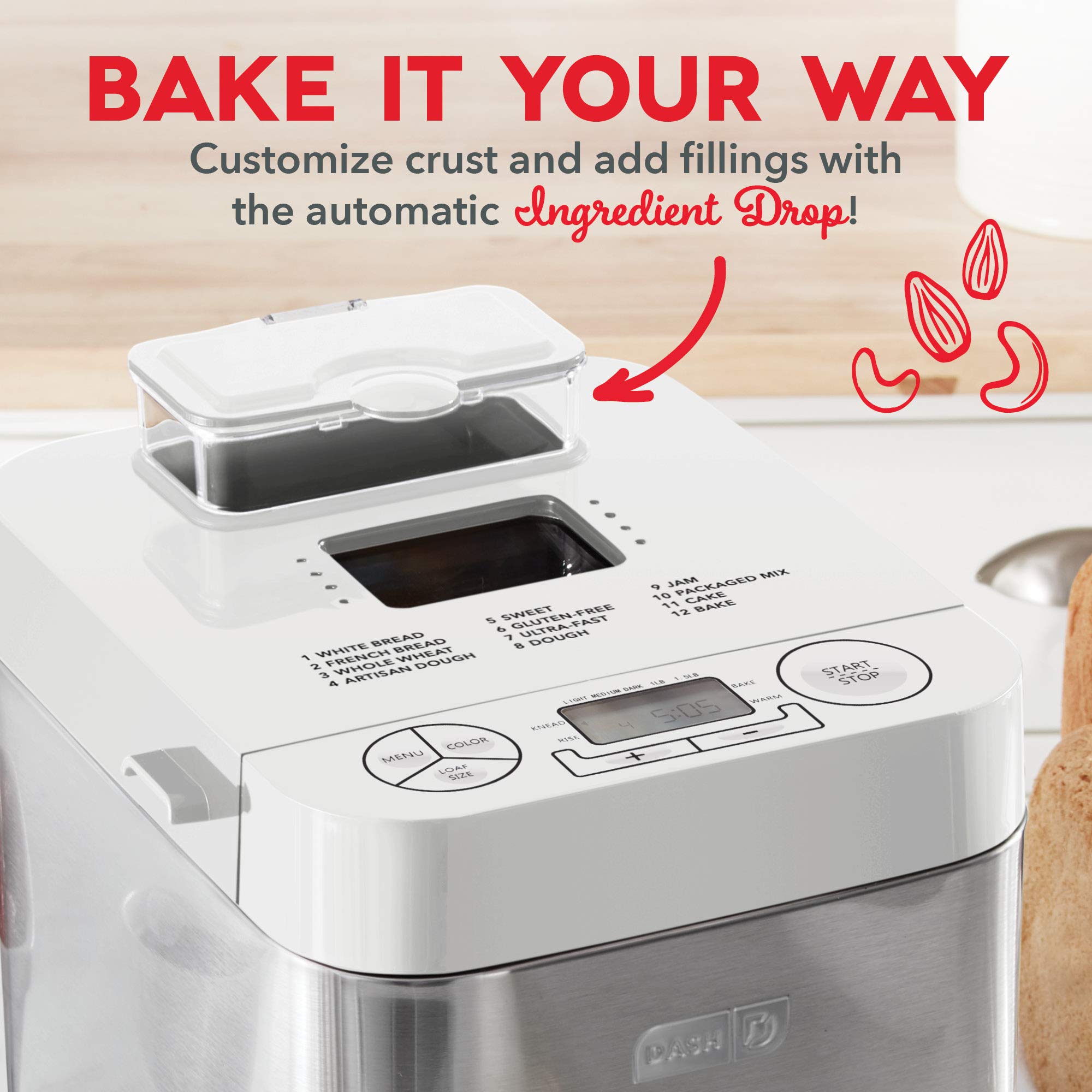 Dash Everyday Stainless Steel Bread Maker - 1.5lb Loaf Capacity, 12 Programmable Settings, Gluten-Free Option & Auto Dispenser | Perfect for Homemade Bread, Artisan Loaves & Gluten-Free Baking (White)