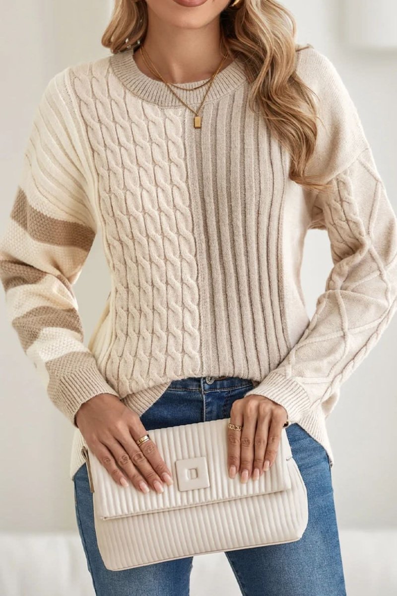 Women's Cable Knit Color Block Round Neck Sweater | Cozy Winter Pullover for Casual Outfits & Office Wear