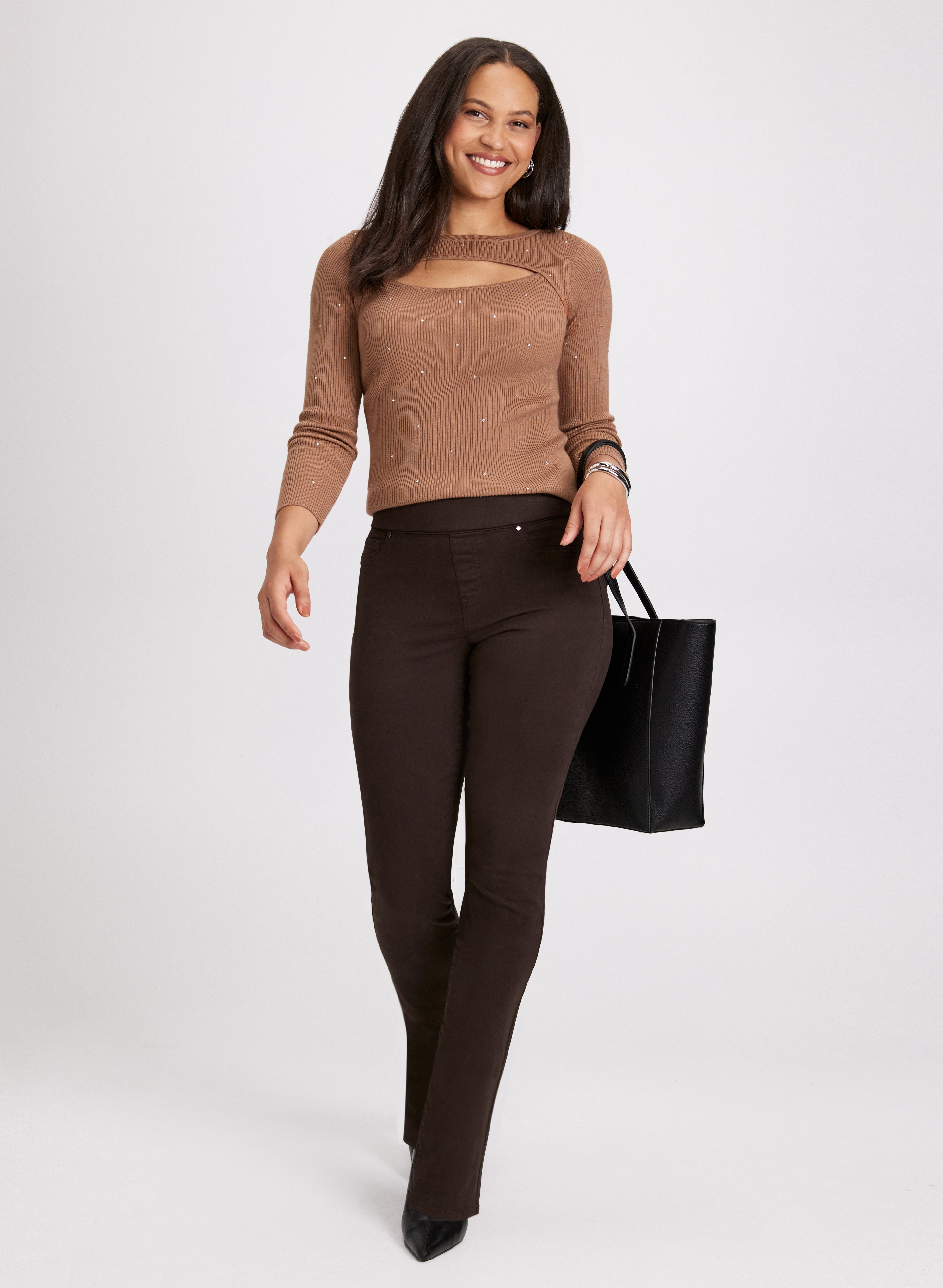Stylish Cutout Design Sweater & Slim Straight Leg Jeans Set - Trendy Women's Outfit for Casual Wear, Date Night & Fall Fashion