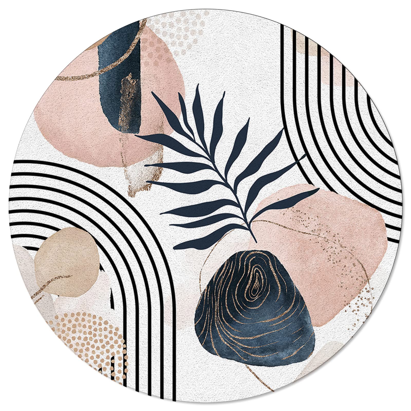 Modern Large 5ft Round Area Rug - Non-Slip Washable Boho Abstract Carpet for Bedroom, Living Room, Kitchen & Bathroom | Floral Leaves Geometric Design | Perfect for Home Decor, Yoga Space & Nursery