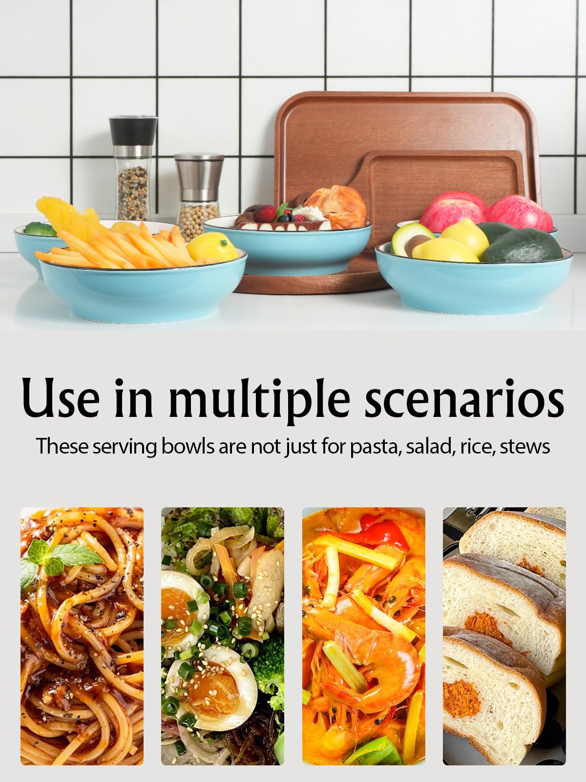5-Piece Ceramic Pasta Bowls Set - 30oz Microwave & Dishwasher Safe for Soup, Salad - Kitchen & Dining Use