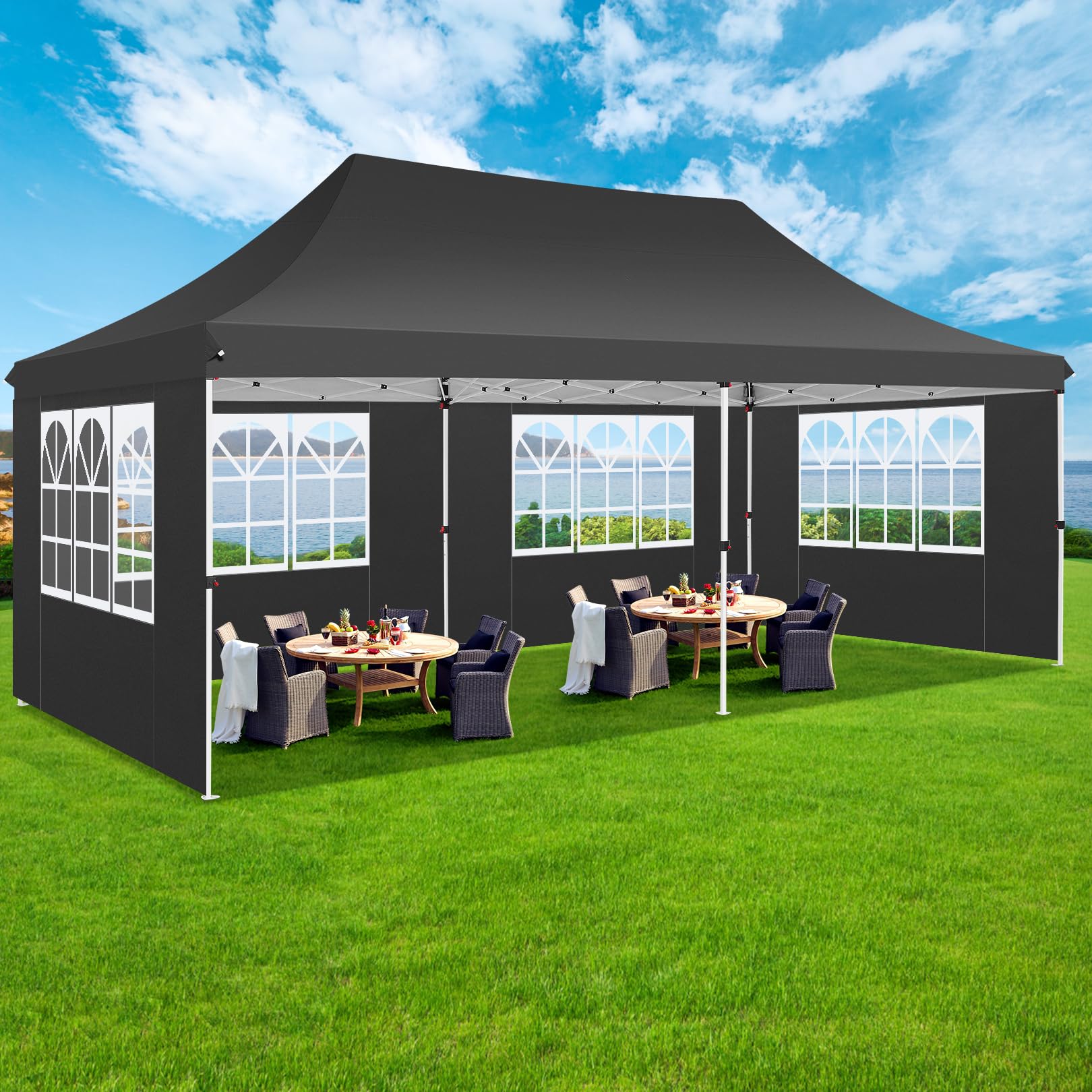 COBIZI 10x20 Pop Up Canopy Tent with 6 Sidewalls - Waterproof Commercial Instant Gazebo with UV Protection 50+ | Heavy Duty Event Shelter for Outdoor Parties, Farmers Markets & Backyard Gatherings | Includes Sandbags (Black)