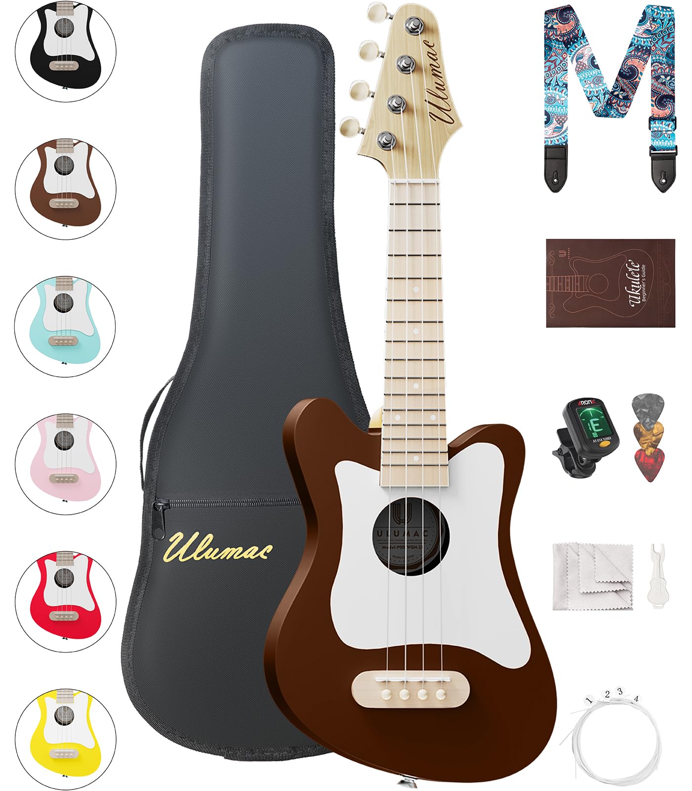 Soprano Ukulele Beginner Kit - 21.5 Inch Spruce Wood Ukelele with White Pickguard, Gig Bag, Digital Tuner, Strings, Picks, Strap & Cleaning Cloth | Perfect for Beginners, Travel, Beach Parties & Music Lessons (Model P005WBN)