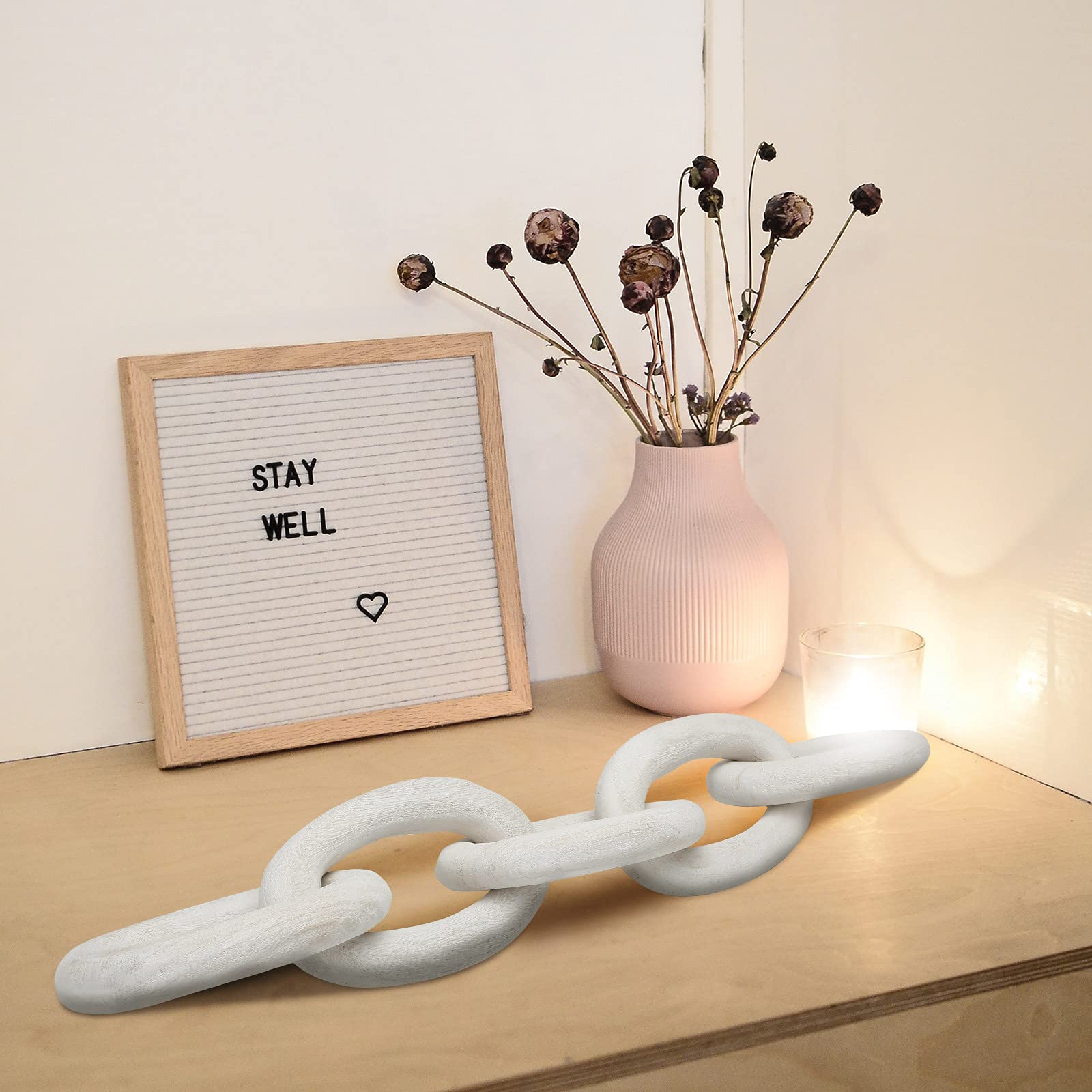 Decorative Wood Link Chain - 5 Link Wooden Chain Decor for Home, Office, Party & Family Events - Natural White Rustic Home Decor for Wall, Shelf & Tabletop Display