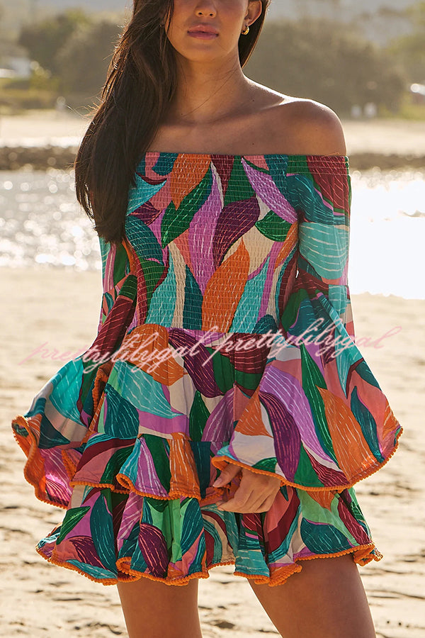 Unique Print Off The Shoulder Pleated Bell Sleeve Fitted Mini Dress | Women's Fashion Party Cocktail Dress for Night Out, Date Night & Special Occasions