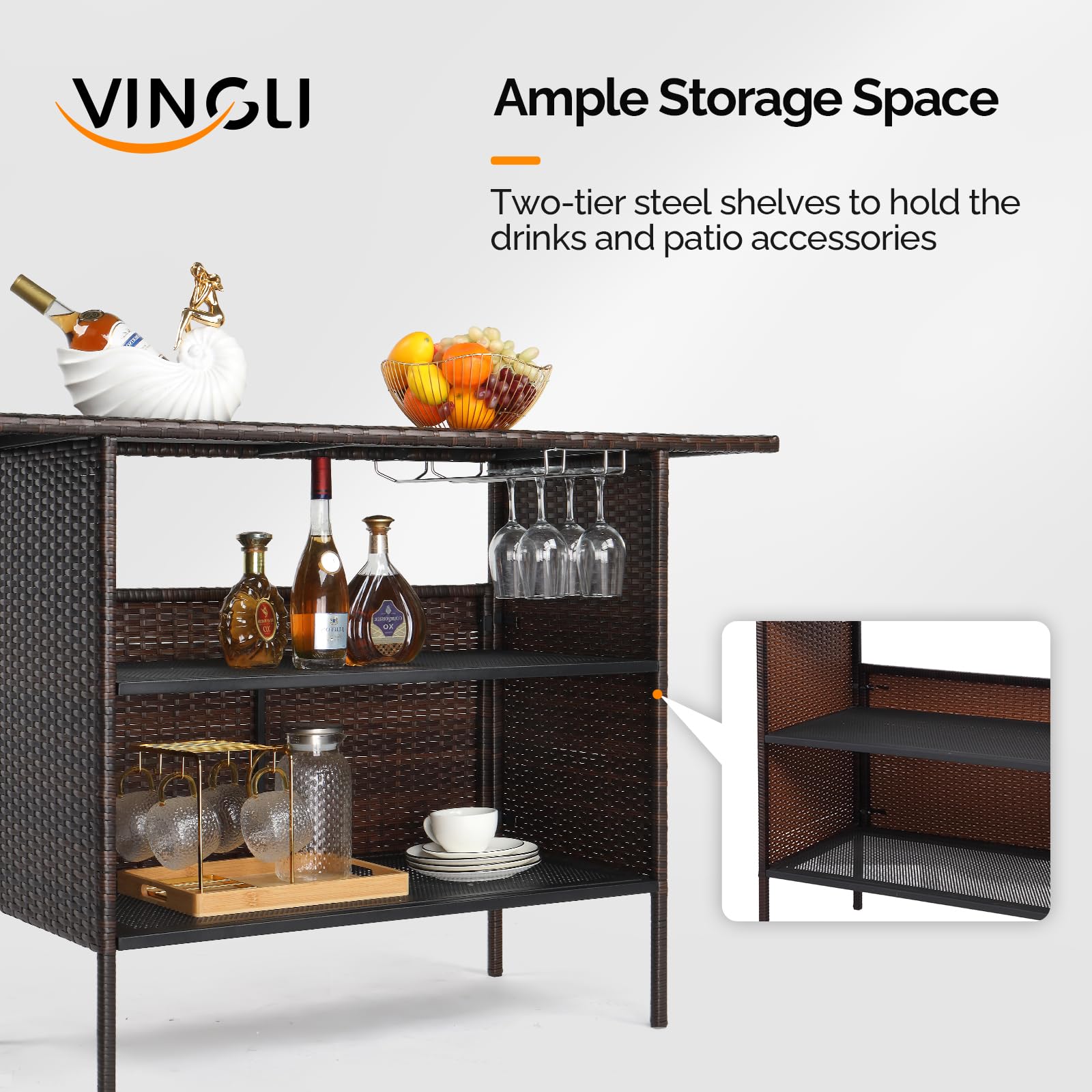 VINGLI Outdoor Bar Table with 2 Steel Shelves & Rails - Rattan Wicker Patio Storage Furniture for Backyard, Poolside, Garden - Perfect for Outdoor Entertaining & Relaxation