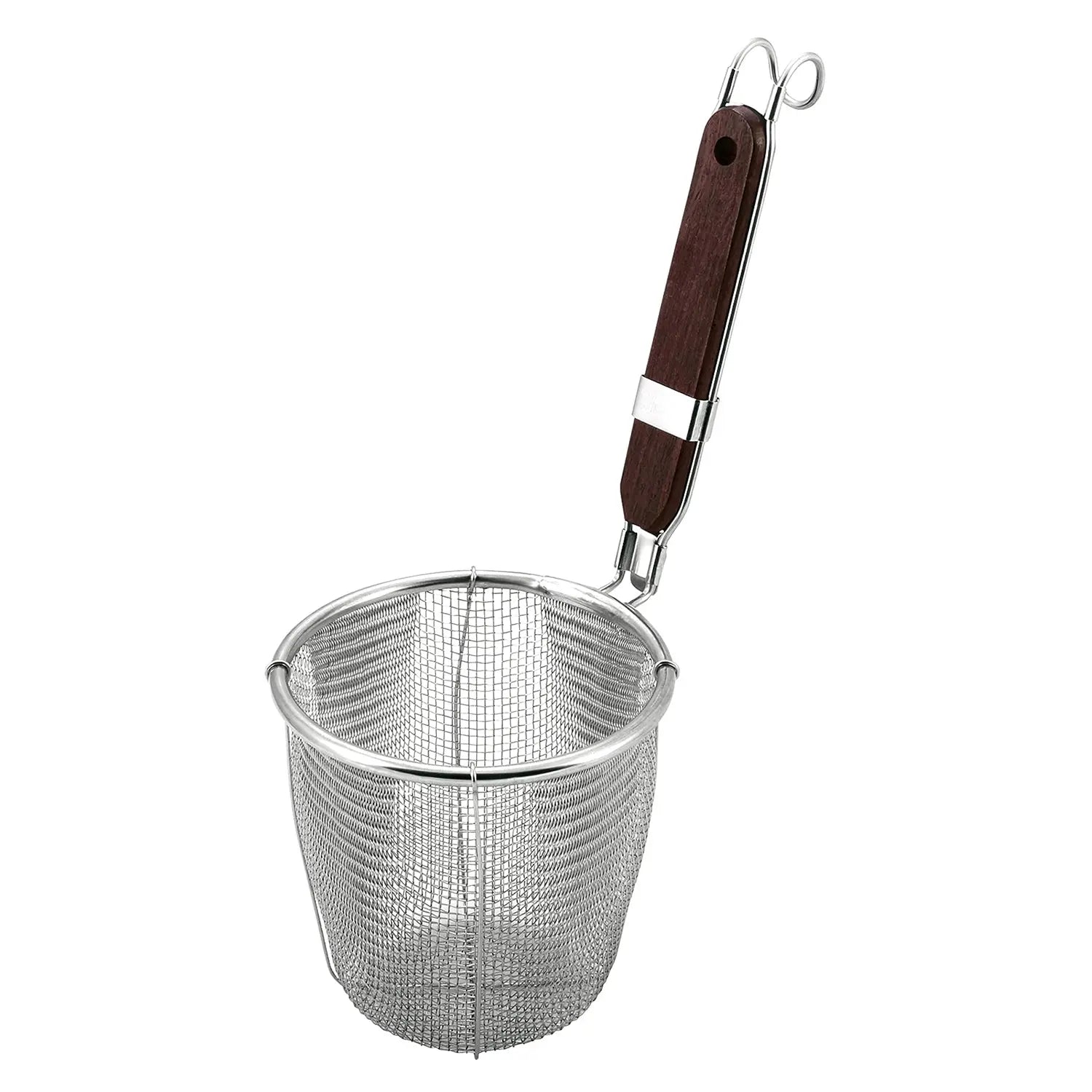 Premium Stainless Steel Udon Noodle Strainer with Flat Base & Wooden Handle - Ideal for Japanese Cuisine, Ramen, Pasta, and Asian Noodle Dishes