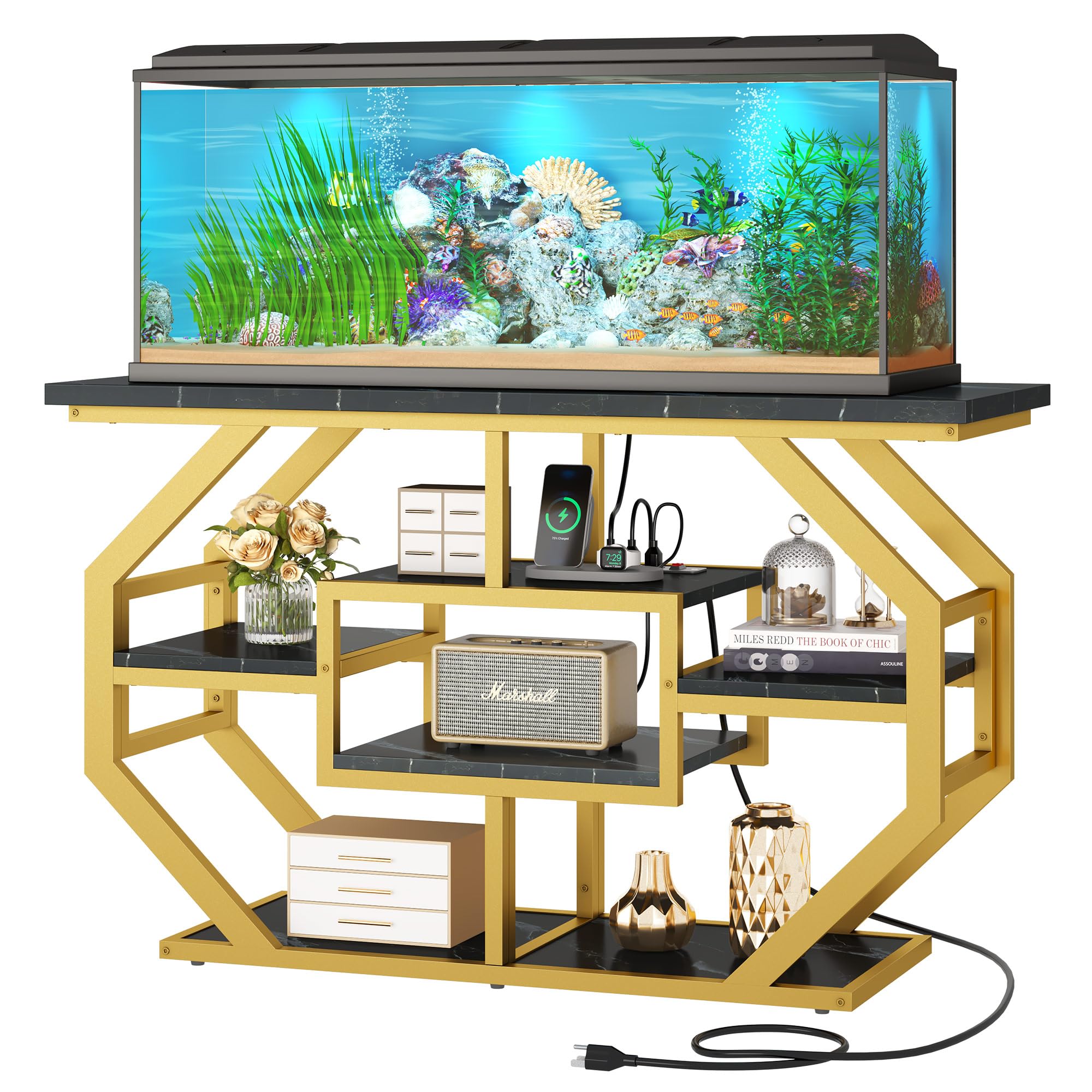 DWVO 55-75 Gallon Heavy Duty Aquarium Stand with Power Outlet - Sturdy Metal Fish Tank Stand for Turtle Tanks & Reptile Terrariums - 860LBS Capacity Black & Gold Display Stand for Living Room, Entryway, or Office Decor