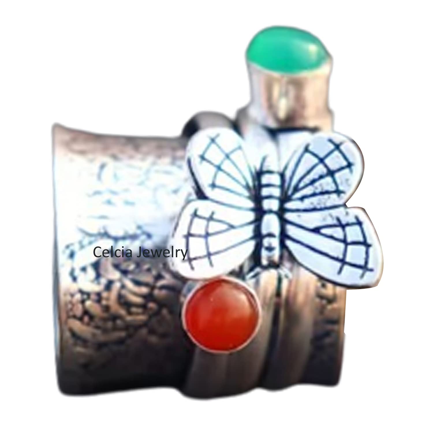 Green Onyx & Red Onyx Multi-Gemstone Butterfly Spinner Ring - 925 Sterling Silver Meditation & Anxiety Relief Fidget Ring - Size 7 - Perfect for Stress Relief, Mindfulness Practice & Fashion Jewelry