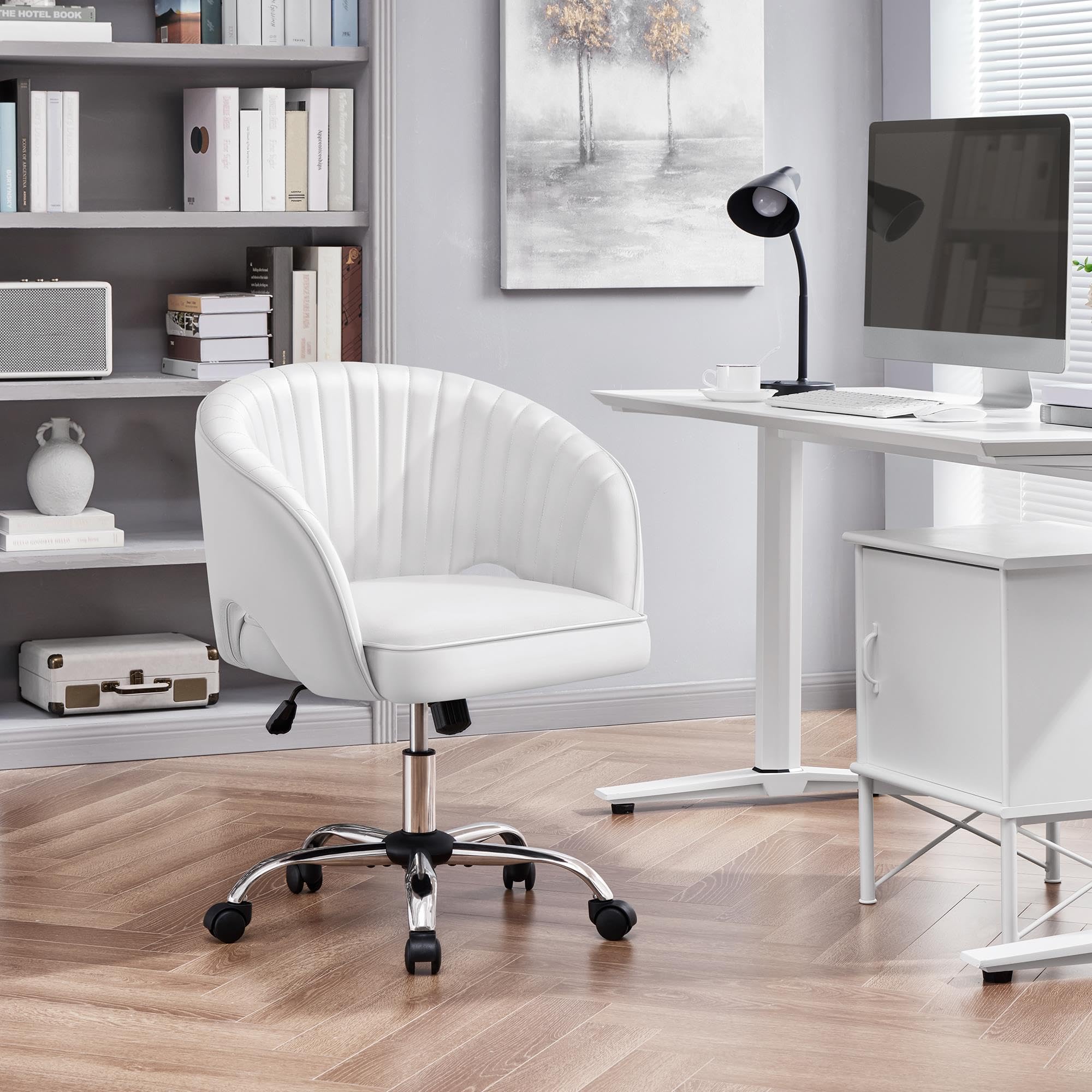 Yaheetech Faux Leather Office Chair - Modern Swivel Desk Chair with Tufted Barrel Back & Rolling Wheels - Ergonomic Computer Chair for Home Office, Study Room, Bedroom & Vanity (White) - Perfect for Remote Work & Online Classes