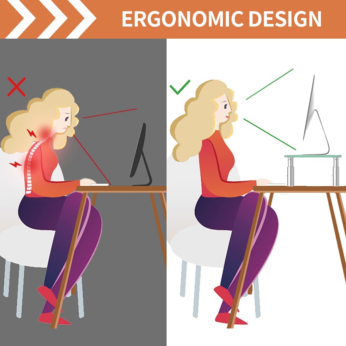 Hemudu Adjustable Height Monitor Stand - 3-Level Ergonomic Monitor Riser for PC, Computer & Laptop, Desktop Organizer with Cable Management - Perfect for Home Office, Gaming Setup & Workspace Organization