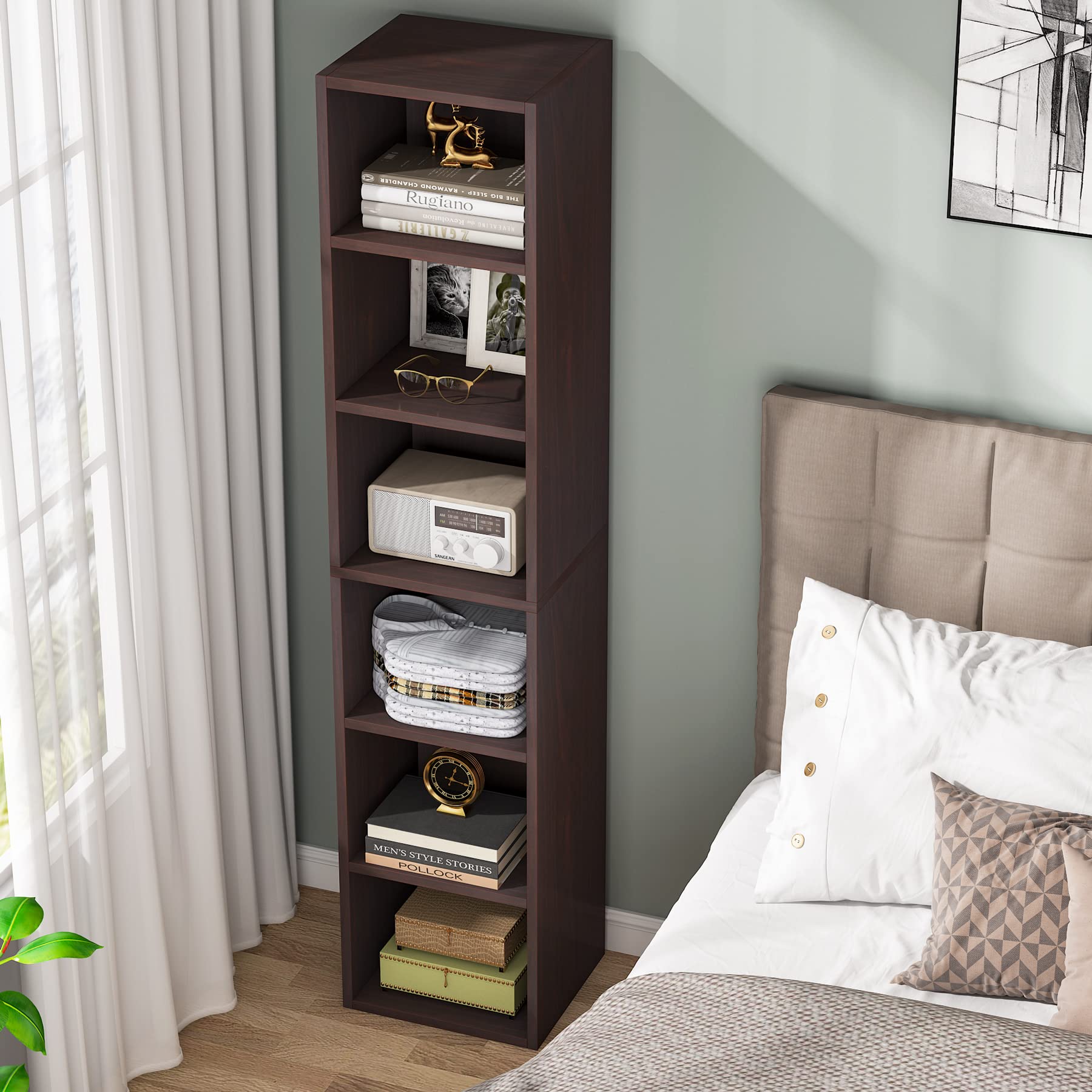 Tribesigns 70.9 Inch Tall Narrow Bookcase - Rustic Corner Storage Shelf with 6 Tier Cube Display | Perfect for Home Office, Living Room & Bedroom Organization