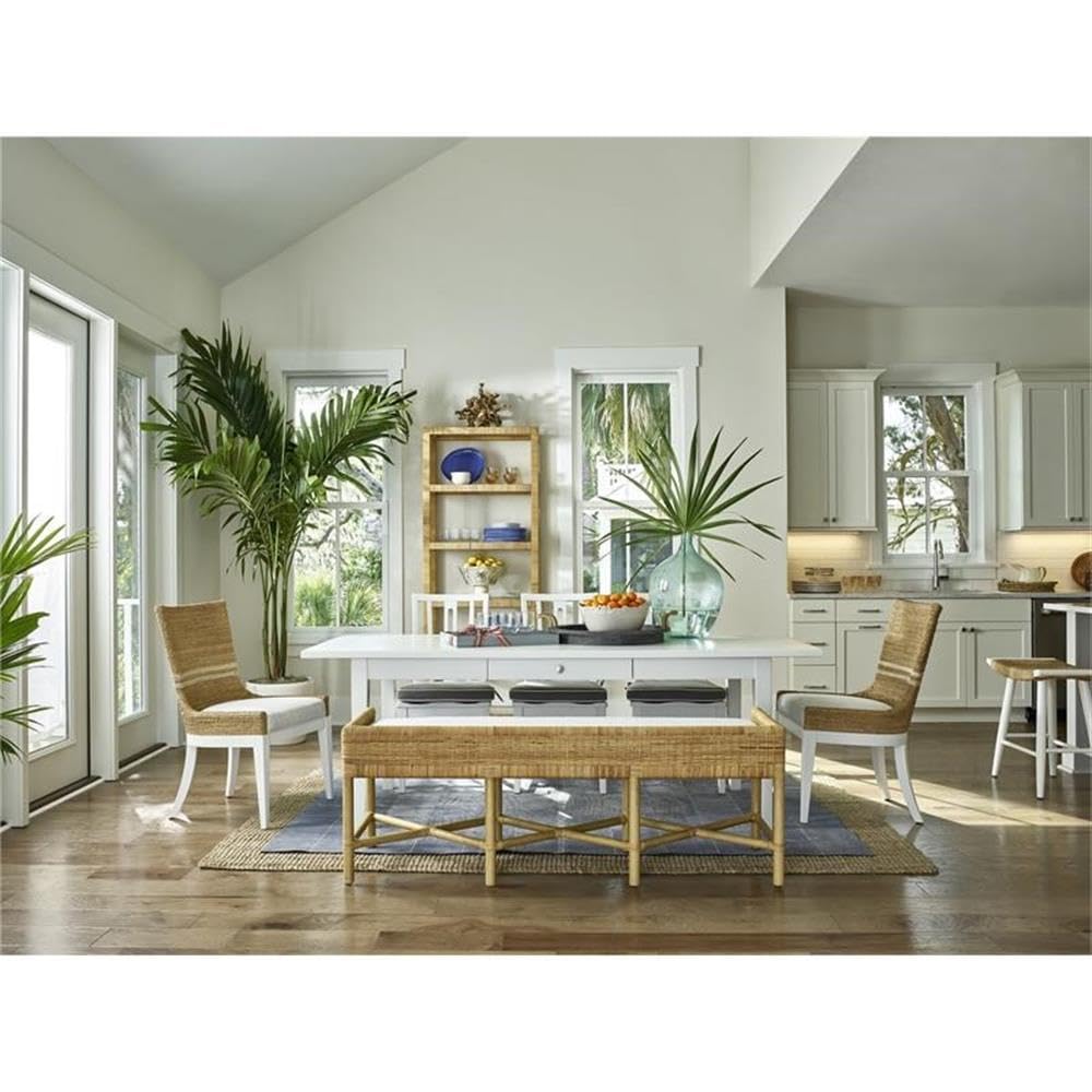 Coastal Style Pull-Up Dining Table Bench with Woven Rattan & Wicker Design - Gray Cushioned Entryway Seating for Beach Houses, Patios, and Farmhouse Decor