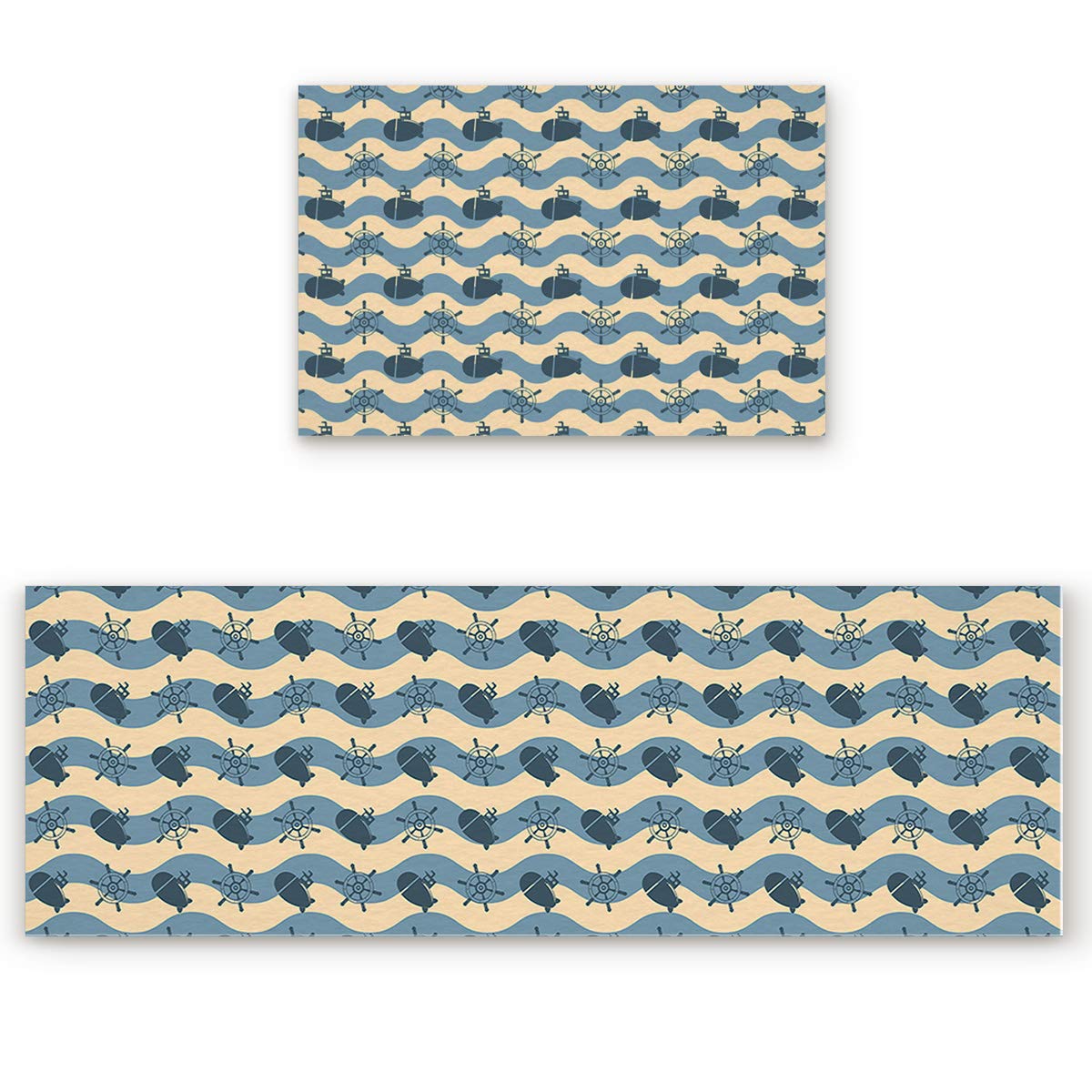 Non-Slip Nautical Wheel Ship Design Kitchen Rugs Set of 2 - Water Absorbent, Soft Floor Mats for Kitchen, Sink & Laundry (20