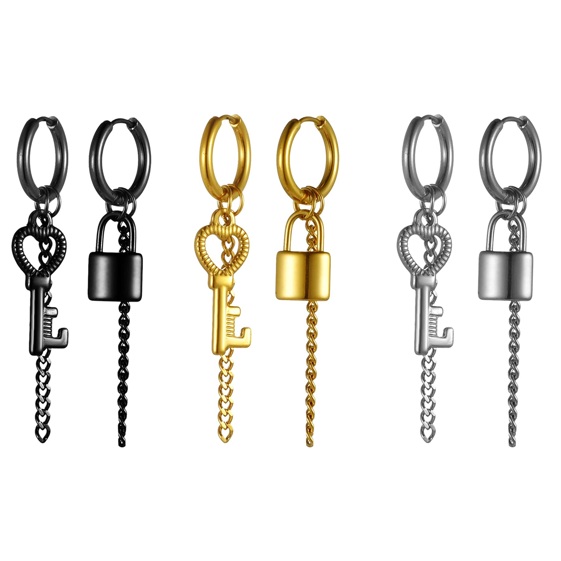 Stainless Steel Lock Key & Long Chain Dangle Hoop Earrings Set for Women & Men - Hinged Piercing Hoops Jewelry for Valentine's Day, Halloween Parties & Everyday Wear