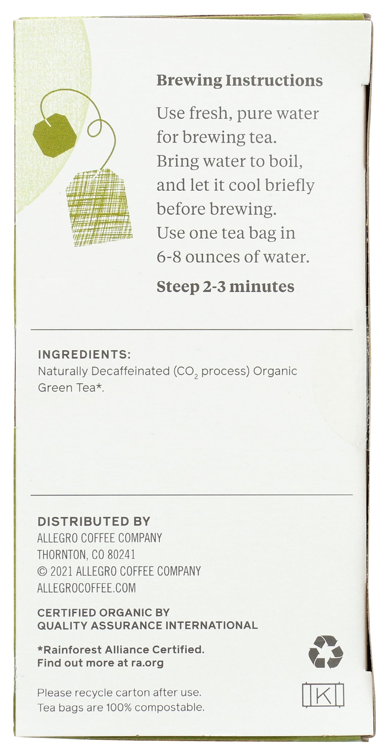 Organic Decaf Green Tea Bags by Allegro Tea | 20 Count | Caffeine-Free, Antioxidant-Rich | Perfect for Relaxation & Evening Wellness