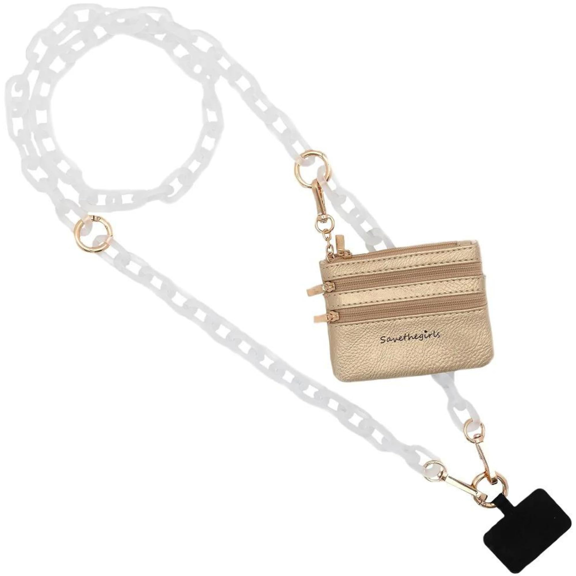 Clip and Go Stylish Phone Lanyard Crossbody with Wallet for Women – Adjustable Gold Pouch Chain Strap, Hands-Free Carrying for Shopping, Travel, and Daily Use
