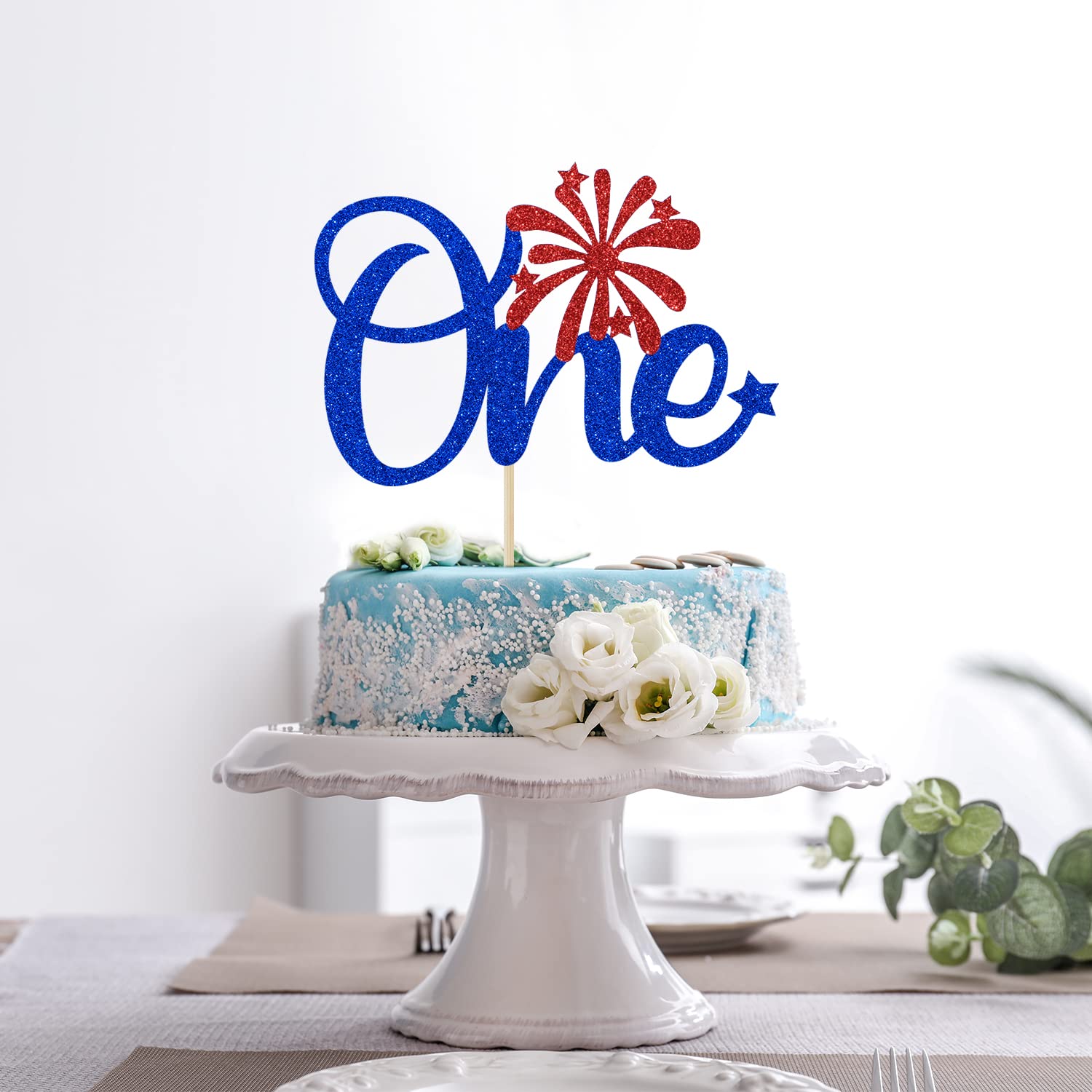 4th of July 1st Birthday Cake Topper - Little Firecracker Party Decorations for Baby Shower, Gender Reveal & First Birthday Celebrations - Blue Glitter Design - Perfect for Patriotic Themed Parties & Special Occasions