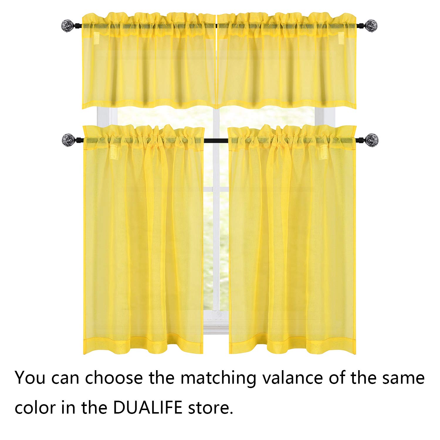 Bright Yellow Semi-Sheer Kitchen Curtains 36 Inch Length - Rod Pocket Cafe Curtains, Linen-Like Textured Window Drapes for Privacy - Perfect for Basement, Bathroom & Small Windows (34x36 Inches) - Ideal for Kitchen Decor, Breakfast Nook & Cozy Home Spaces