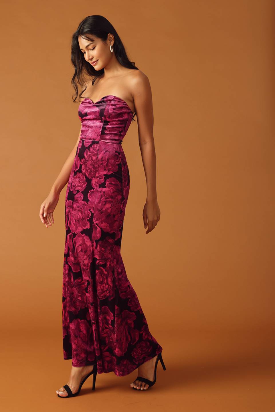 Elegant Berry Velvet Floral Maxi Dress for Women - Perfect for Fall Weddings, Parties & Special Occasions